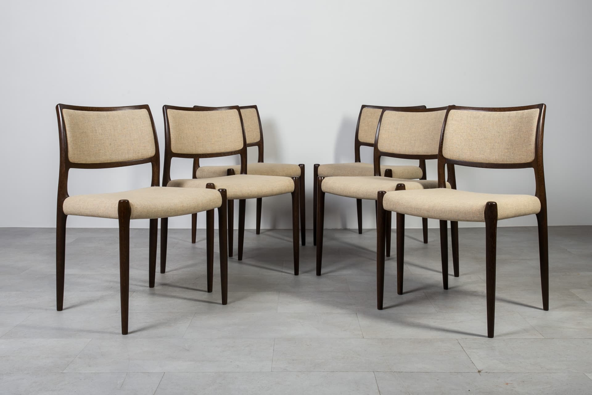 Set of six chairs Model 80, beige wool, oak, by N.O. Møller, for J.L. Møllers Møbelfabrik, Denmark, 1960s. - 6560