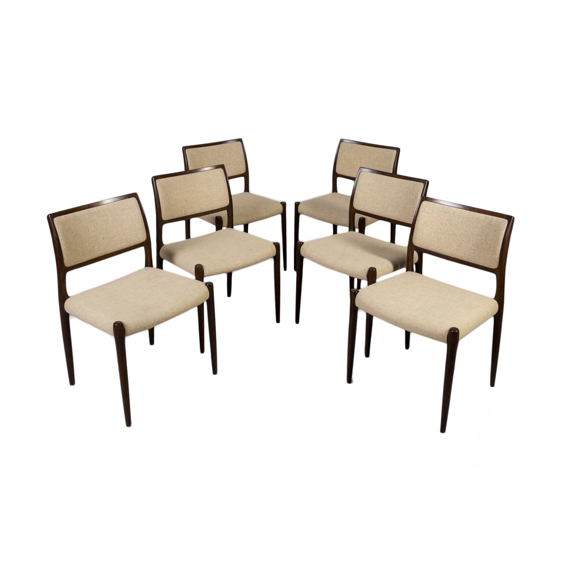 Set of six chairs Model 80, beige wool, oak, by N.O. Møller, for J.L. Møllers Møbelfabrik, Denmark, 1960s.