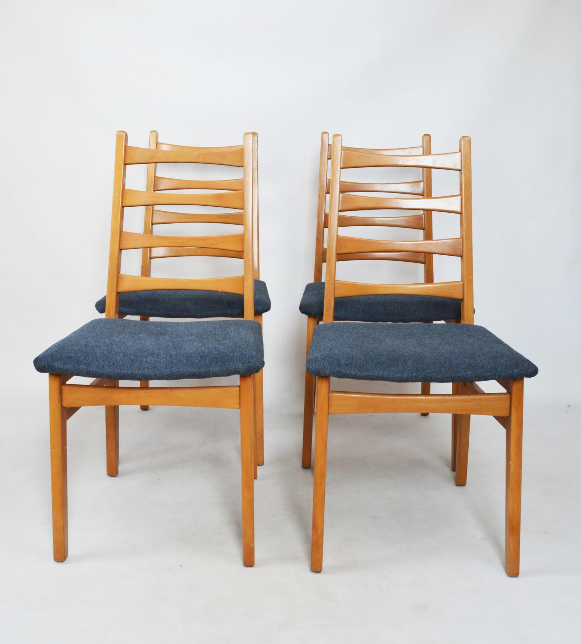 Brown Wooden Chairs with Dark Blue Upholstered Seats, Poland, 1970s - 87235