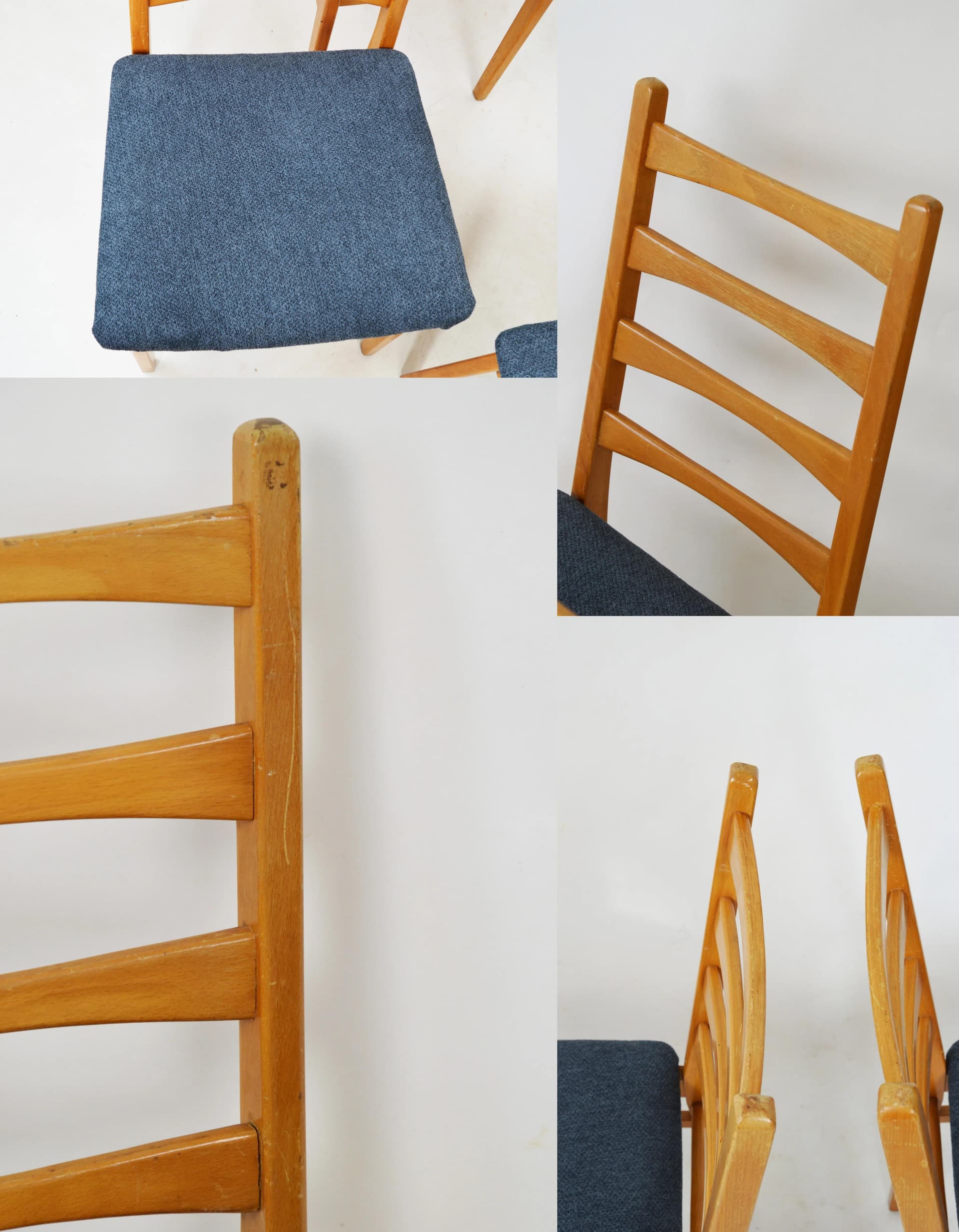 Brown Wooden Chairs with Dark Blue Upholstered Seats, Poland, 1970s - 87234