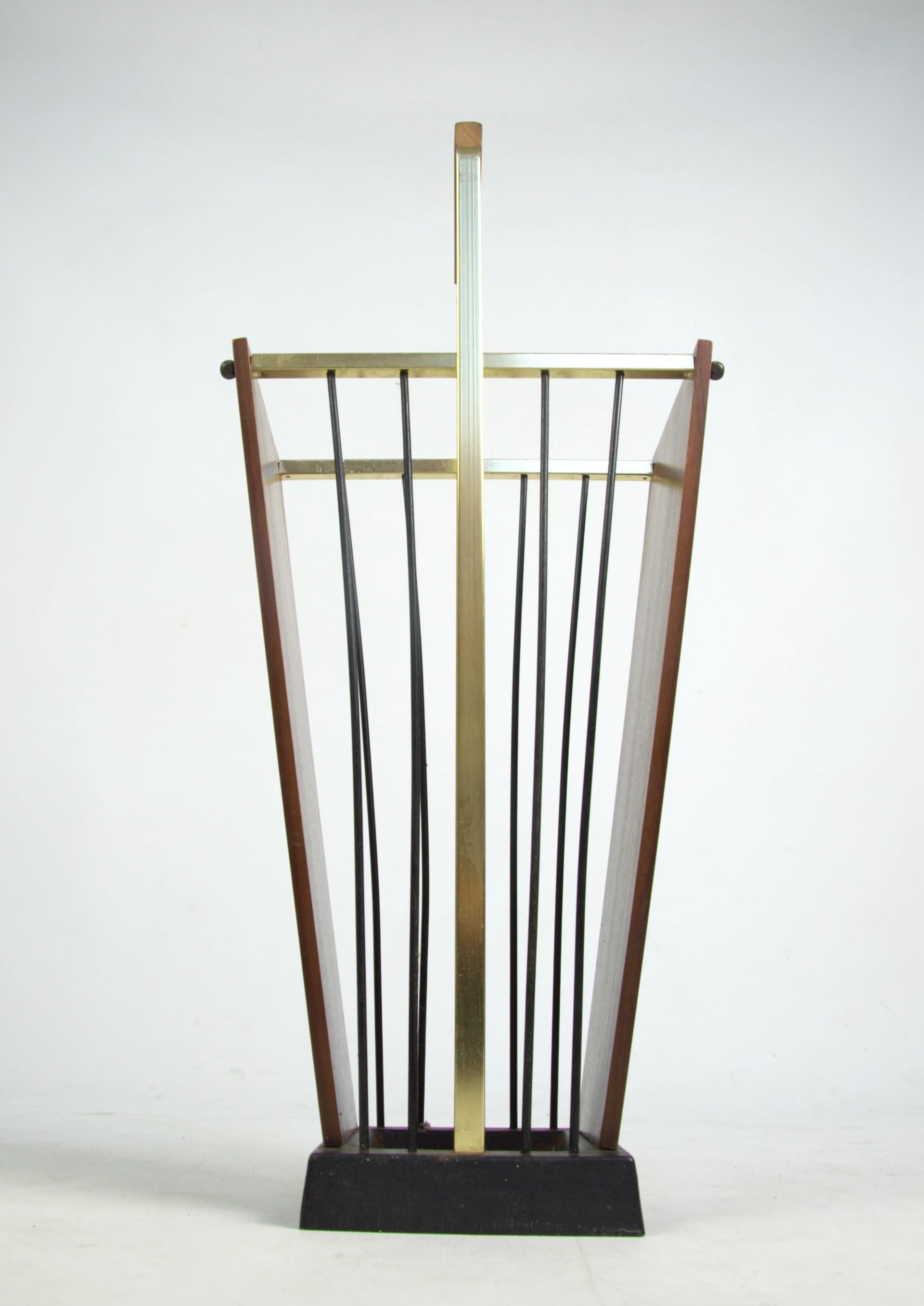 Umbrella Stand, brown wood, black metal, brass gold, Poland, 1970s. - 87152