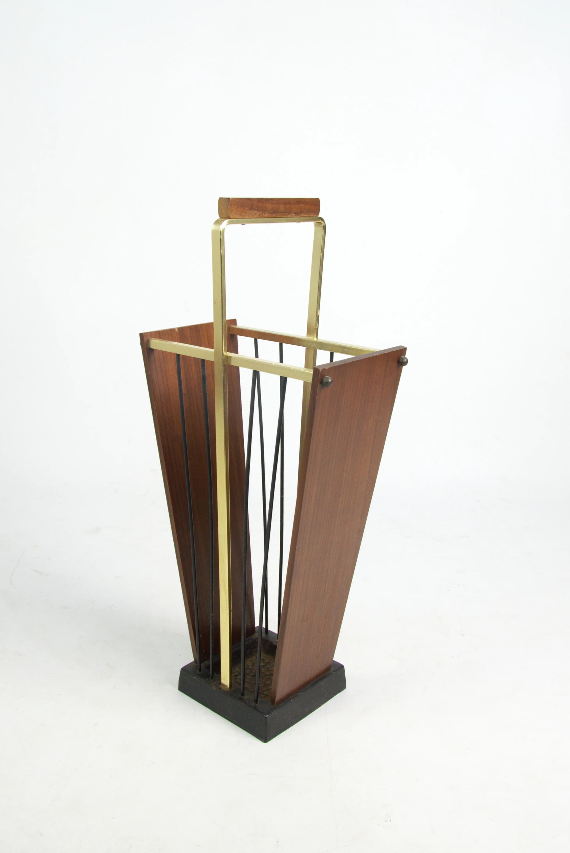 Umbrella Stand, brown wood, black metal, brass gold, Poland, 1970s. - 87150
