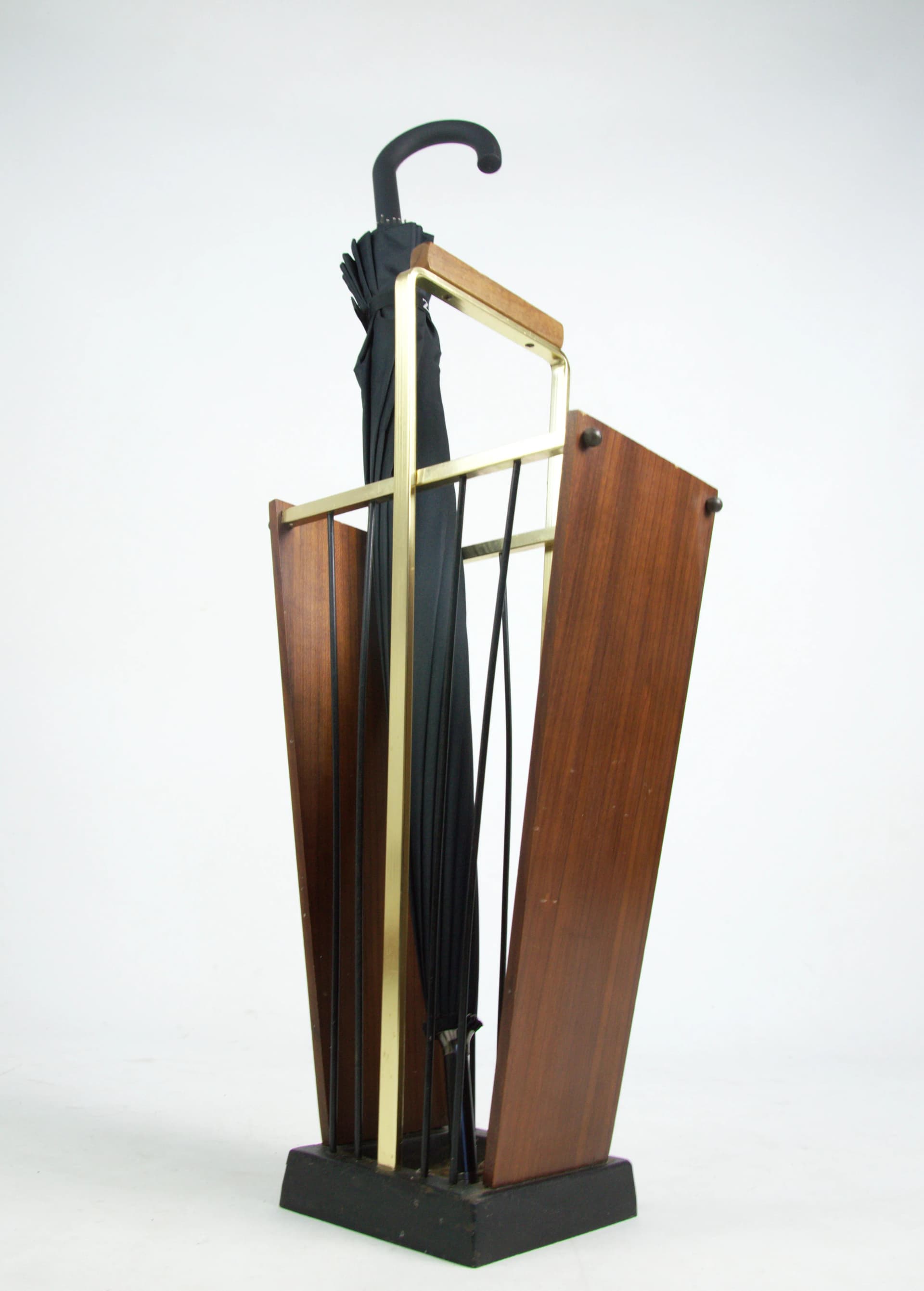 Umbrella Stand, brown wood, black metal, brass gold, Poland, 1970s. - 87153