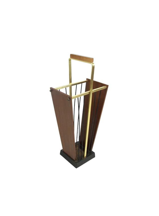 Umbrella Stand, brown wood, black metal, brass gold, Poland, 1970s. - DIMENSION