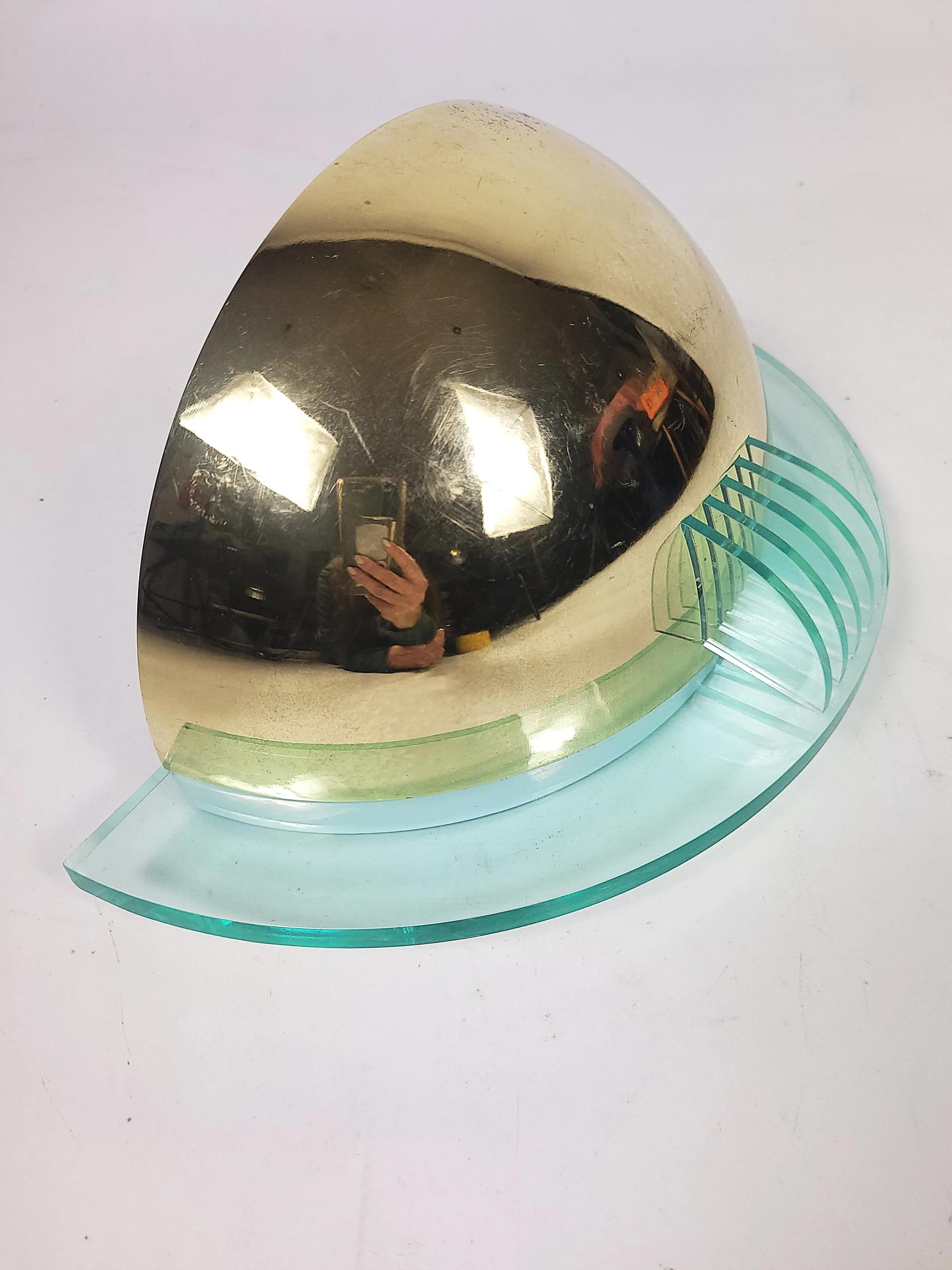 Kinkiet postmodernistyczny, metal złoty, plexi zielony, Polska, lata 80. - 87137