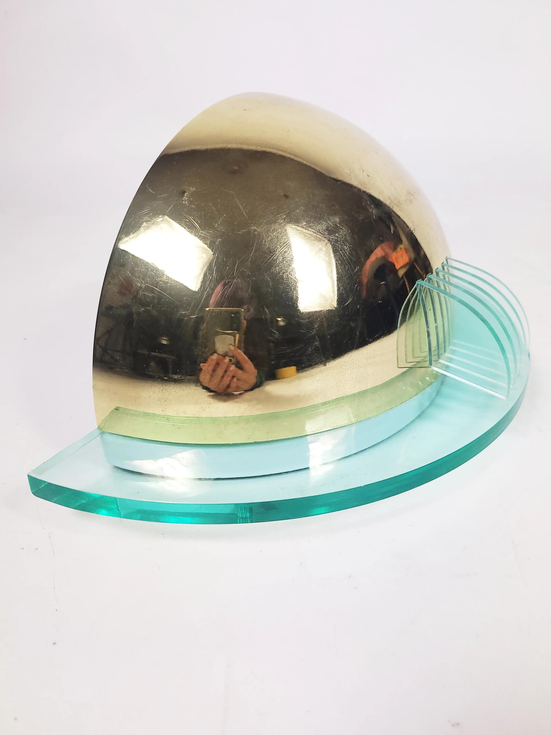 Kinkiet postmodernistyczny, metal złoty, plexi zielony, Polska, lata 80. - 87135