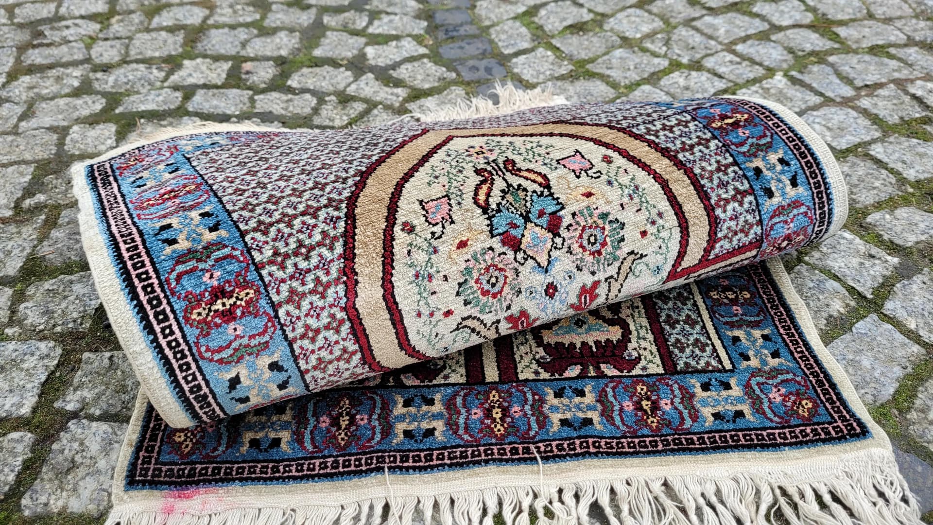 Dywan orientalny 52x115cm, jedwab kremowy, Tunezja, lata 80. - 89268