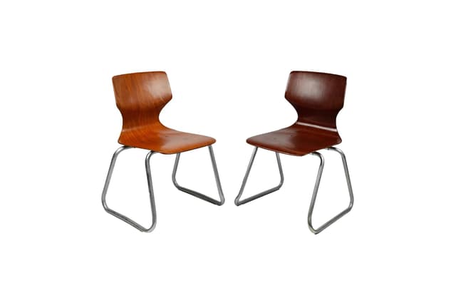 Pair of children's chairs Flototto, brown bent plywood, chrome steel, by F. Flototto, Germany, 1960s. - DIMENSION