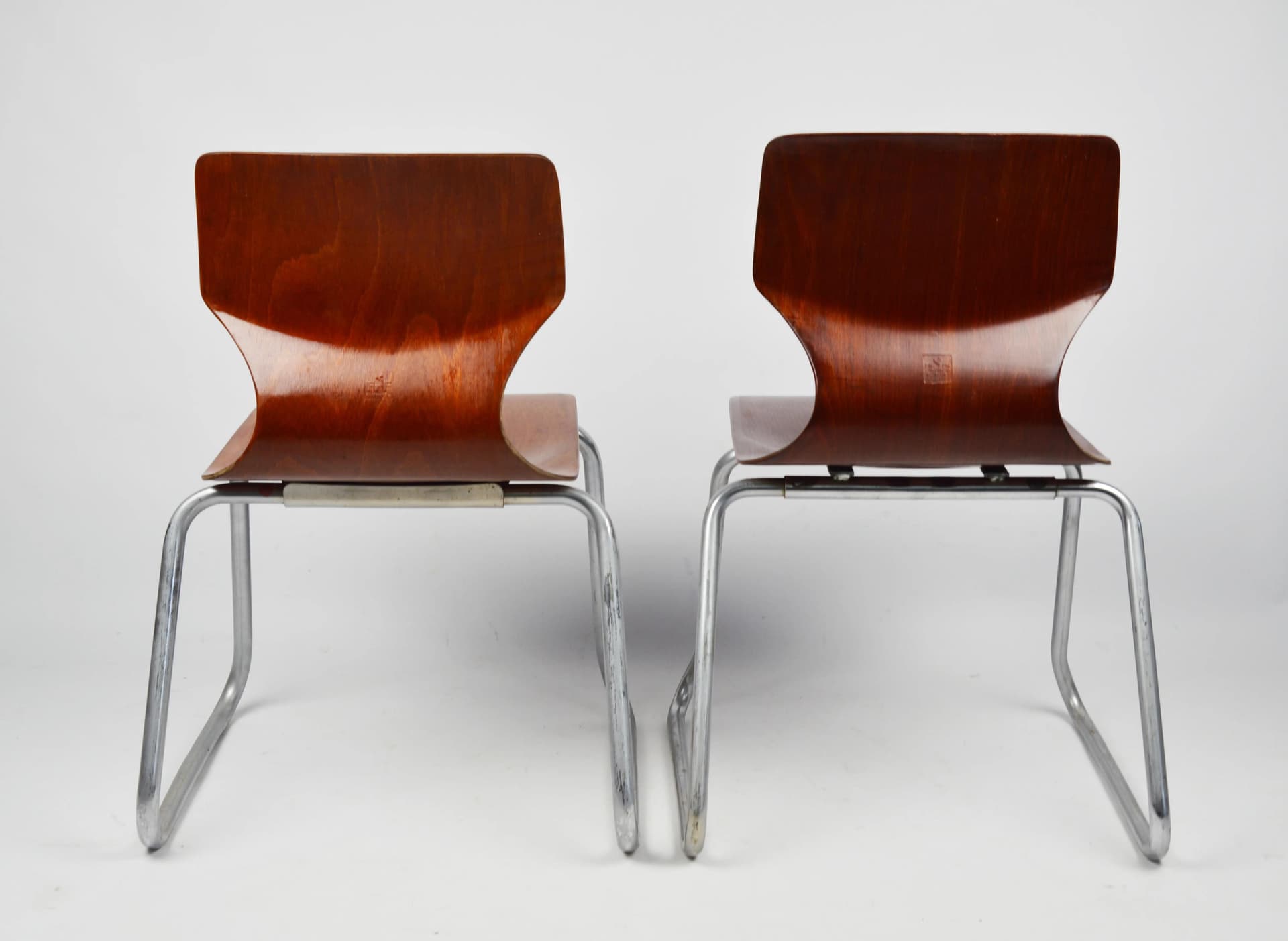Pair of children's chairs Flototto, brown bent plywood, chrome steel, by F. Flototto, Germany, 1960s. - 87049