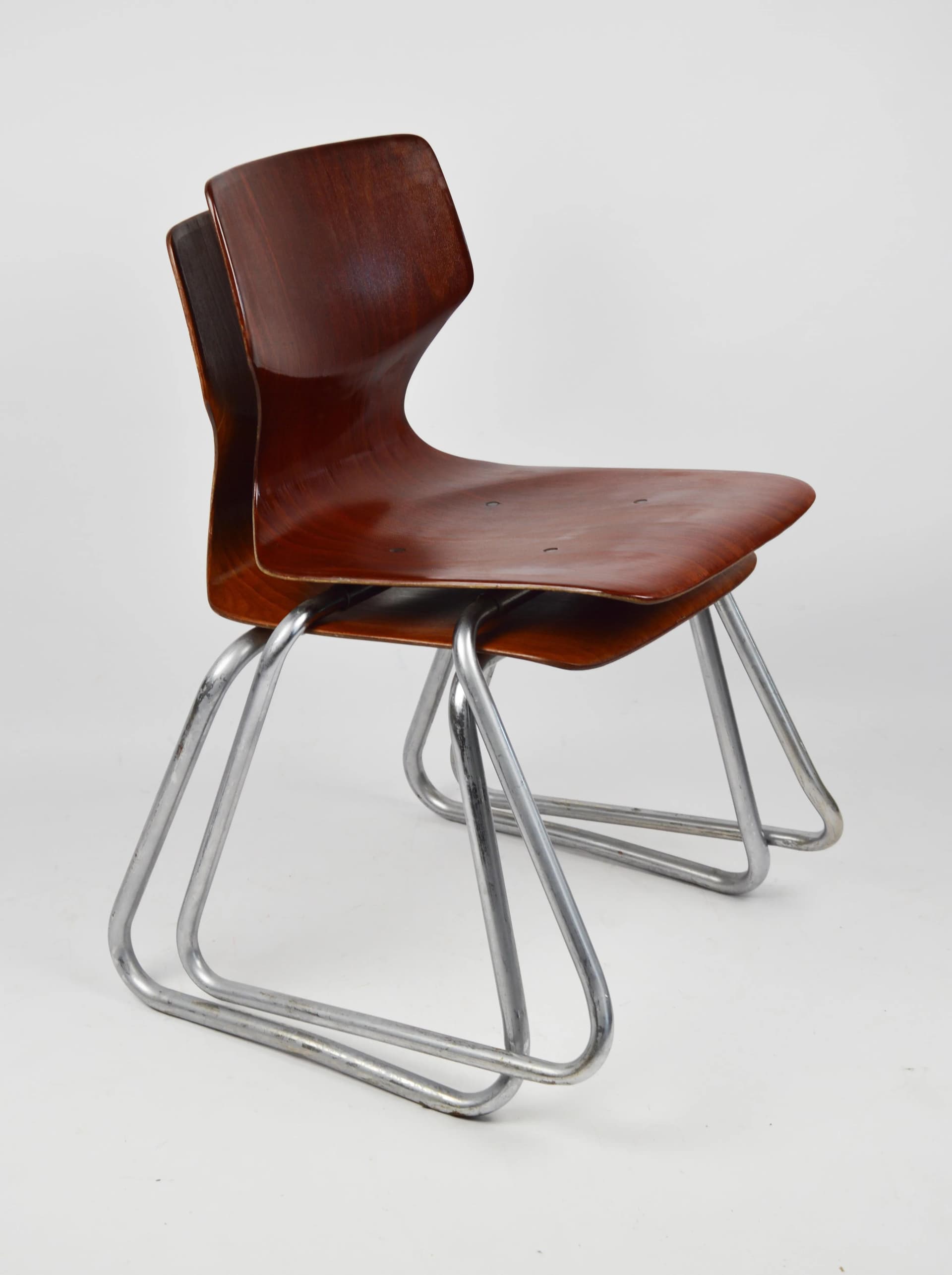 Pair of children's chairs Flototto, brown bent plywood, chrome steel, by F. Flototto, Germany, 1960s. - 87050