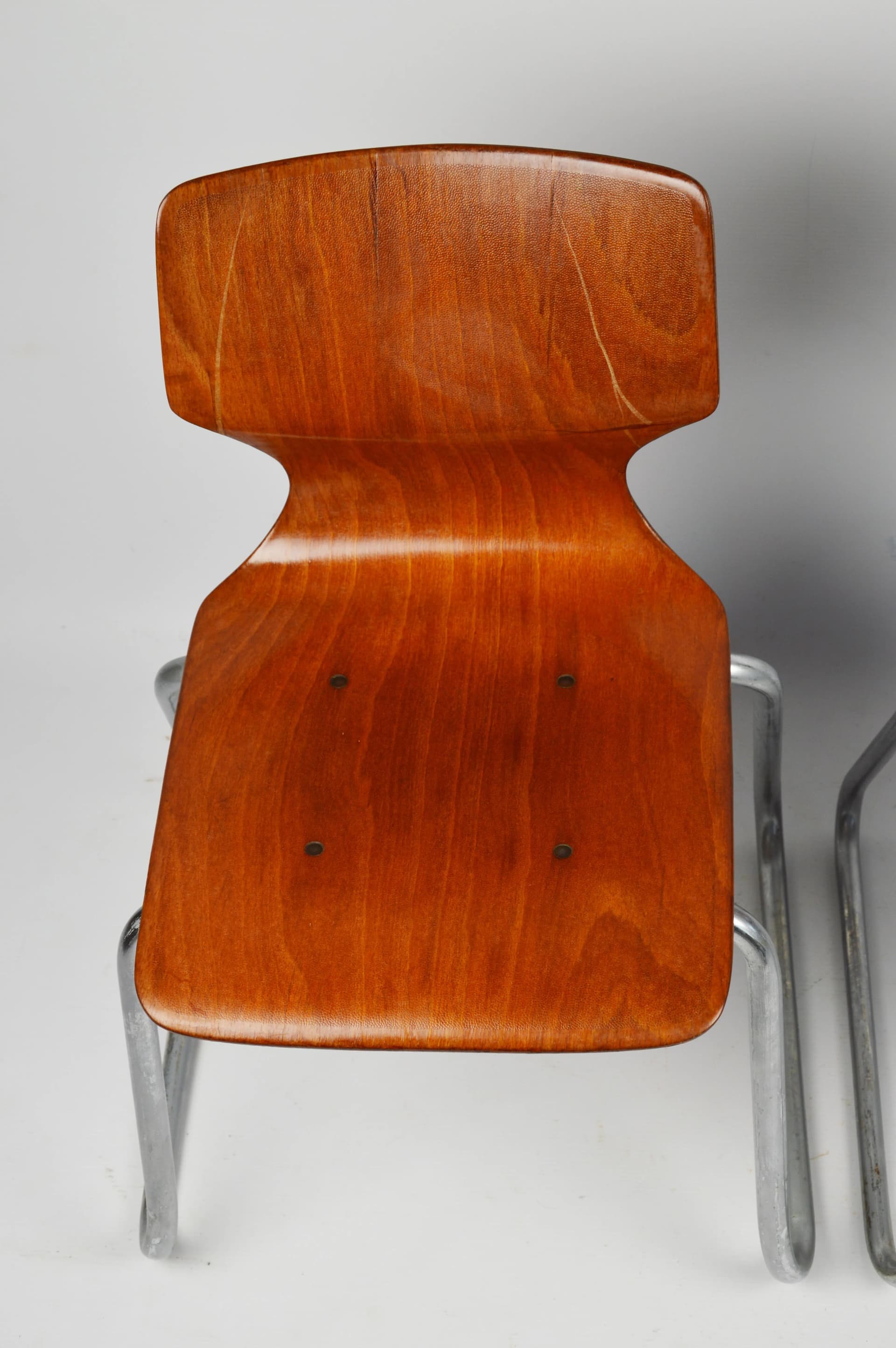 Pair of children's chairs Flototto, brown bent plywood, chrome steel, by F. Flototto, Germany, 1960s. - 87047