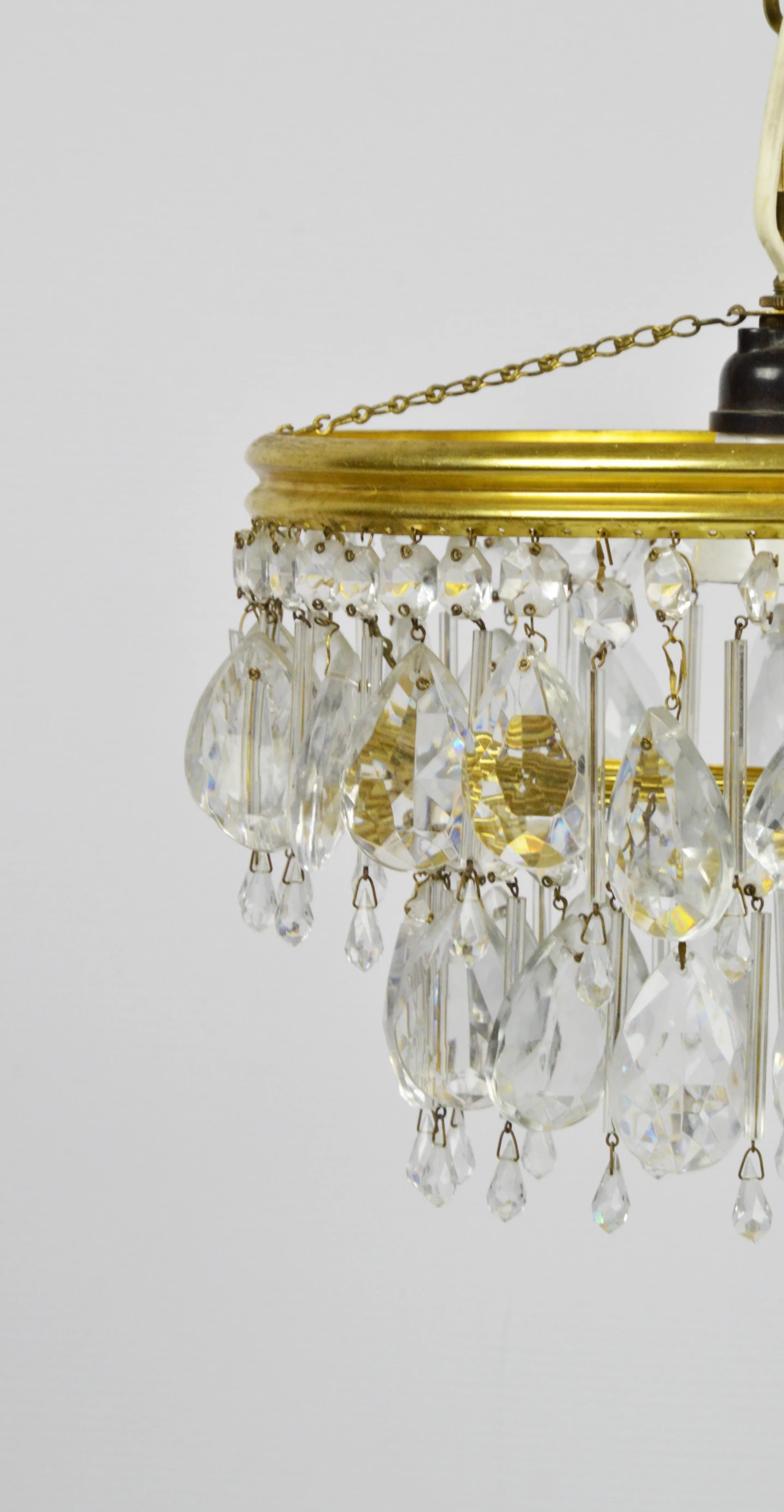 Żyrandol, złoty, metal, szkło, Polska, lata 70. - 86951