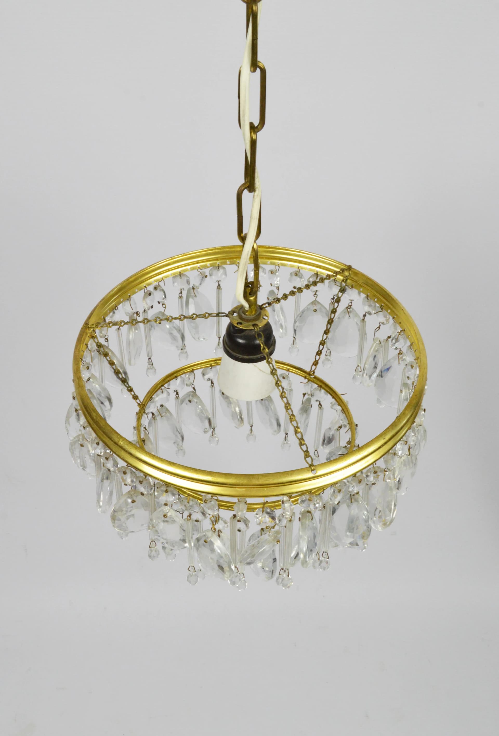 Żyrandol, złoty, metal, szkło, Polska, lata 70. - 86954