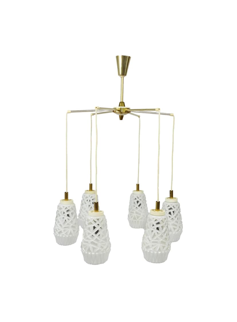 Lampa kaskadowa, szkło białe, metal, Polska, lata 70.