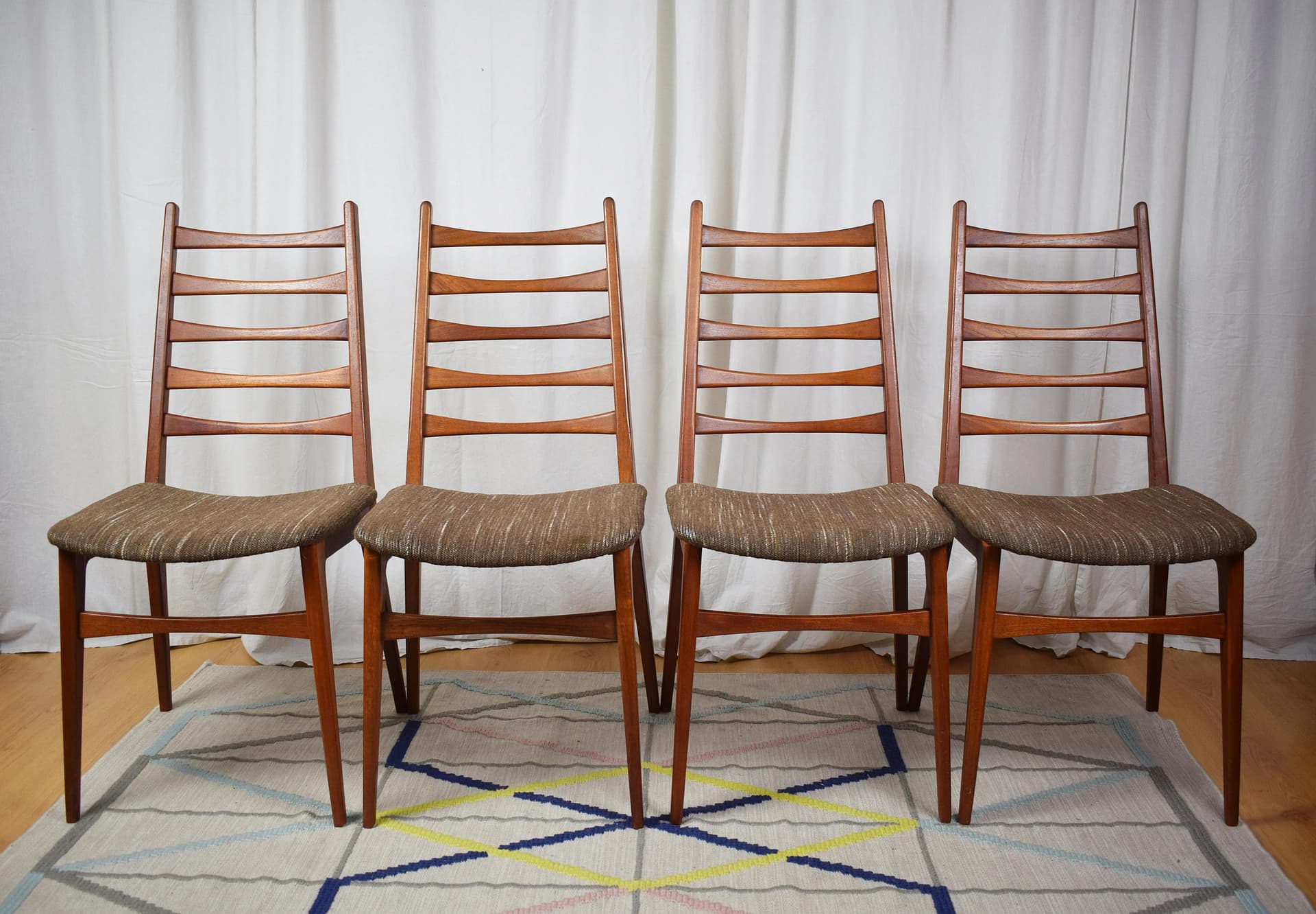 Komplet krzeseł, teak brązowy jasny, wełna beżowa, Benze Sitzmöbel, Niemcy, lata 50. - 86864