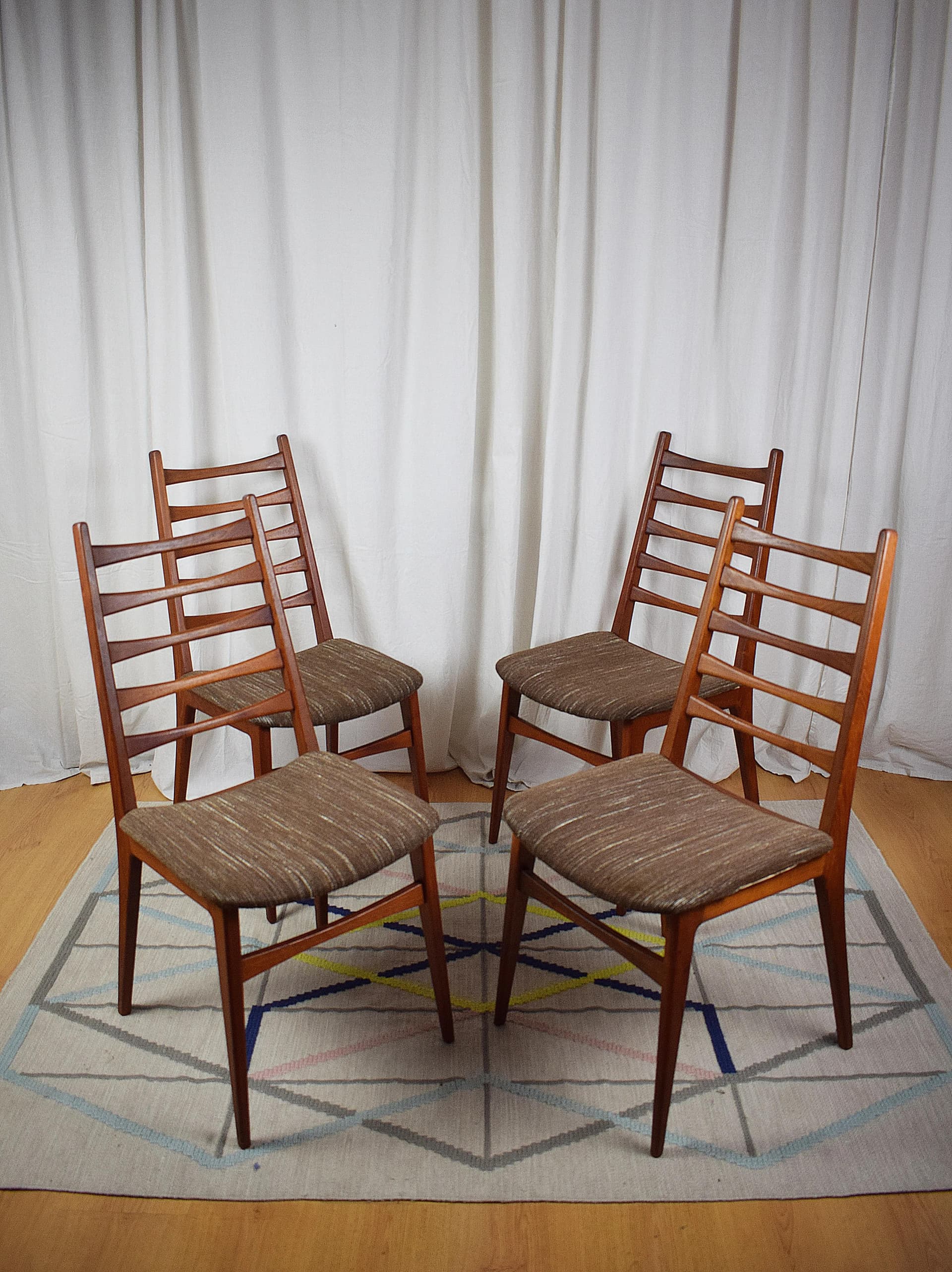 Komplet krzeseł, teak brązowy jasny, wełna beżowa, Benze Sitzmöbel, Niemcy, lata 50. - 86858