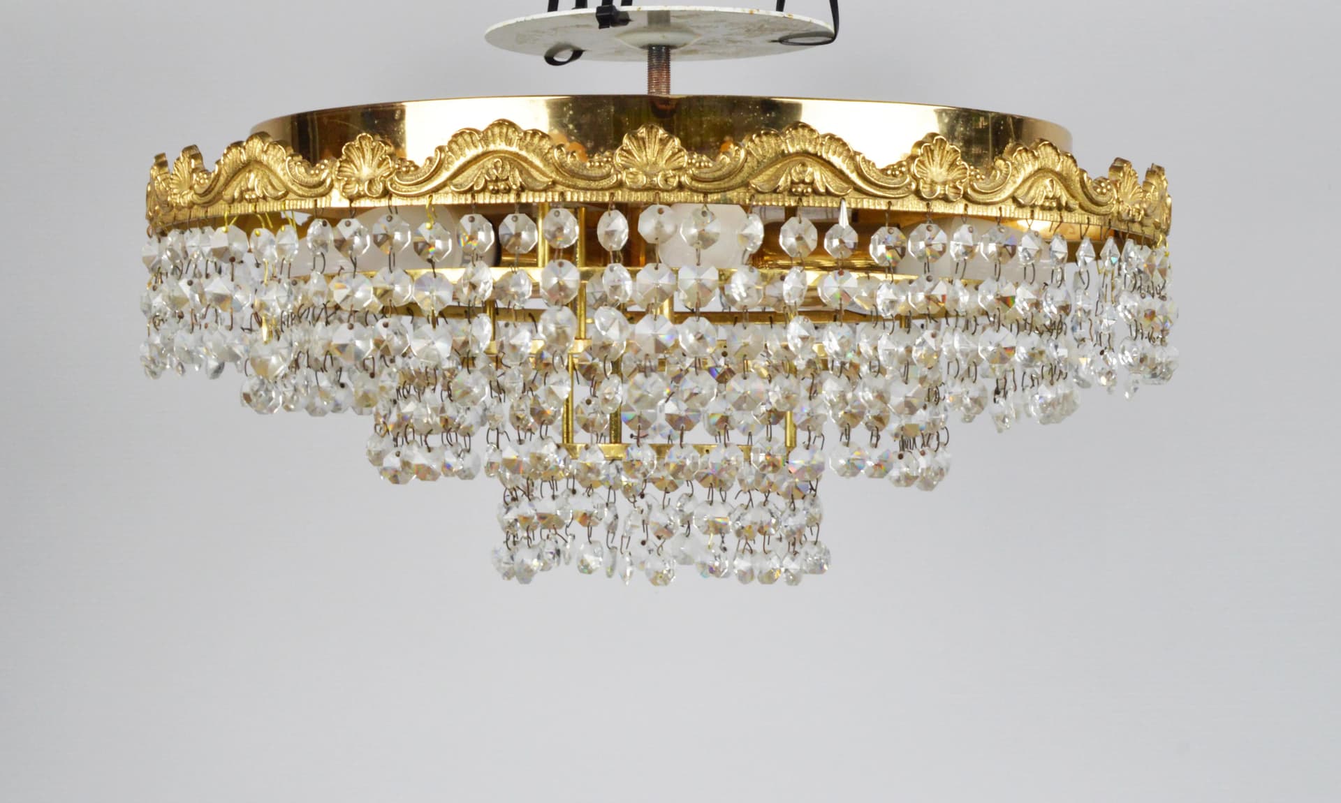 Żyrandol, złoty, mosiądz, szkło, Polska, lata 70. - 86835