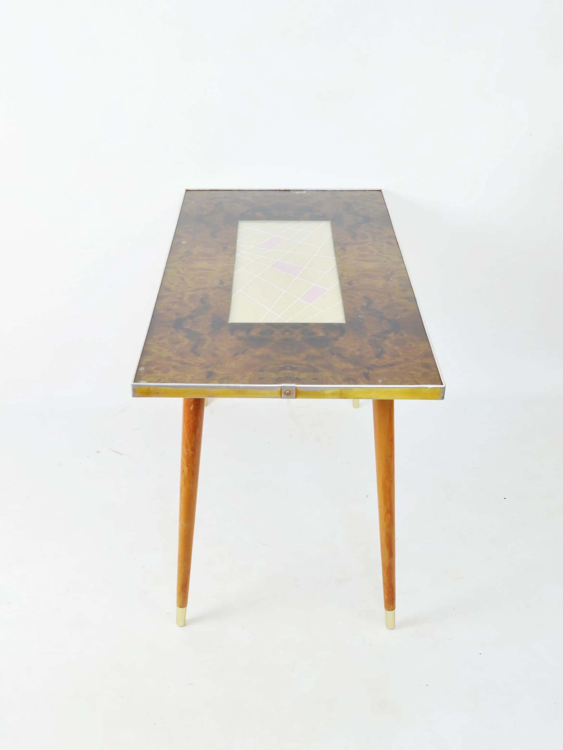 Stolik pomocniczy, brązowy, drewno szkło metal, Niemcy, lata 60. - 86832