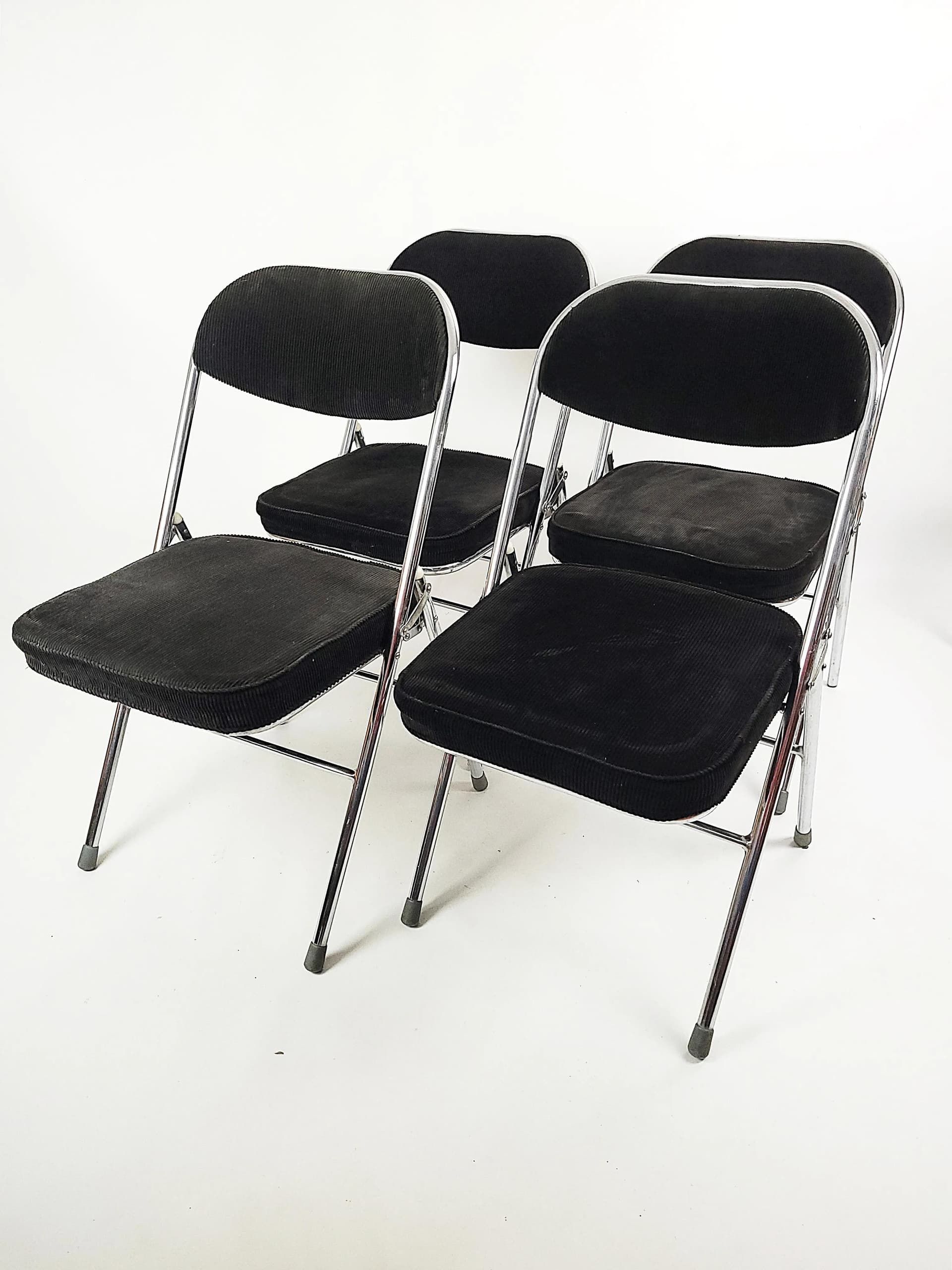 Komplet krzeseł składanych, sztruks czarny, stal chromowana, Polska, lata 70. - 86746