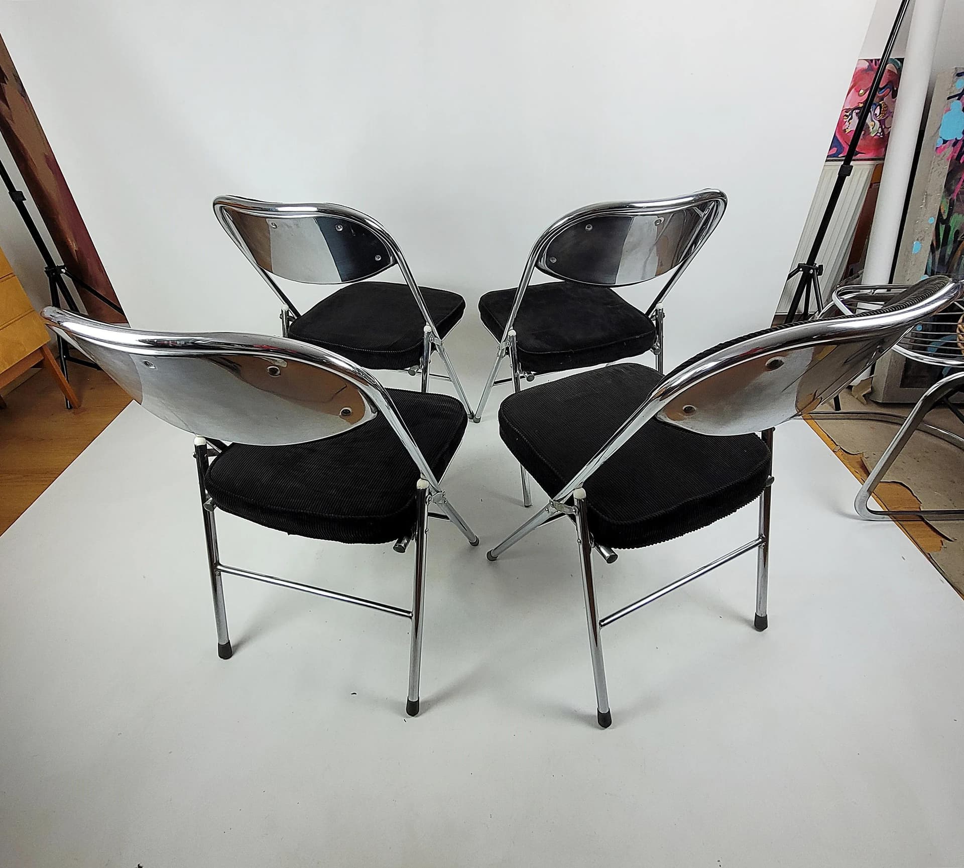 Komplet krzeseł składanych, sztruks czarny, stal chromowana, Polska, lata 70. - 86747