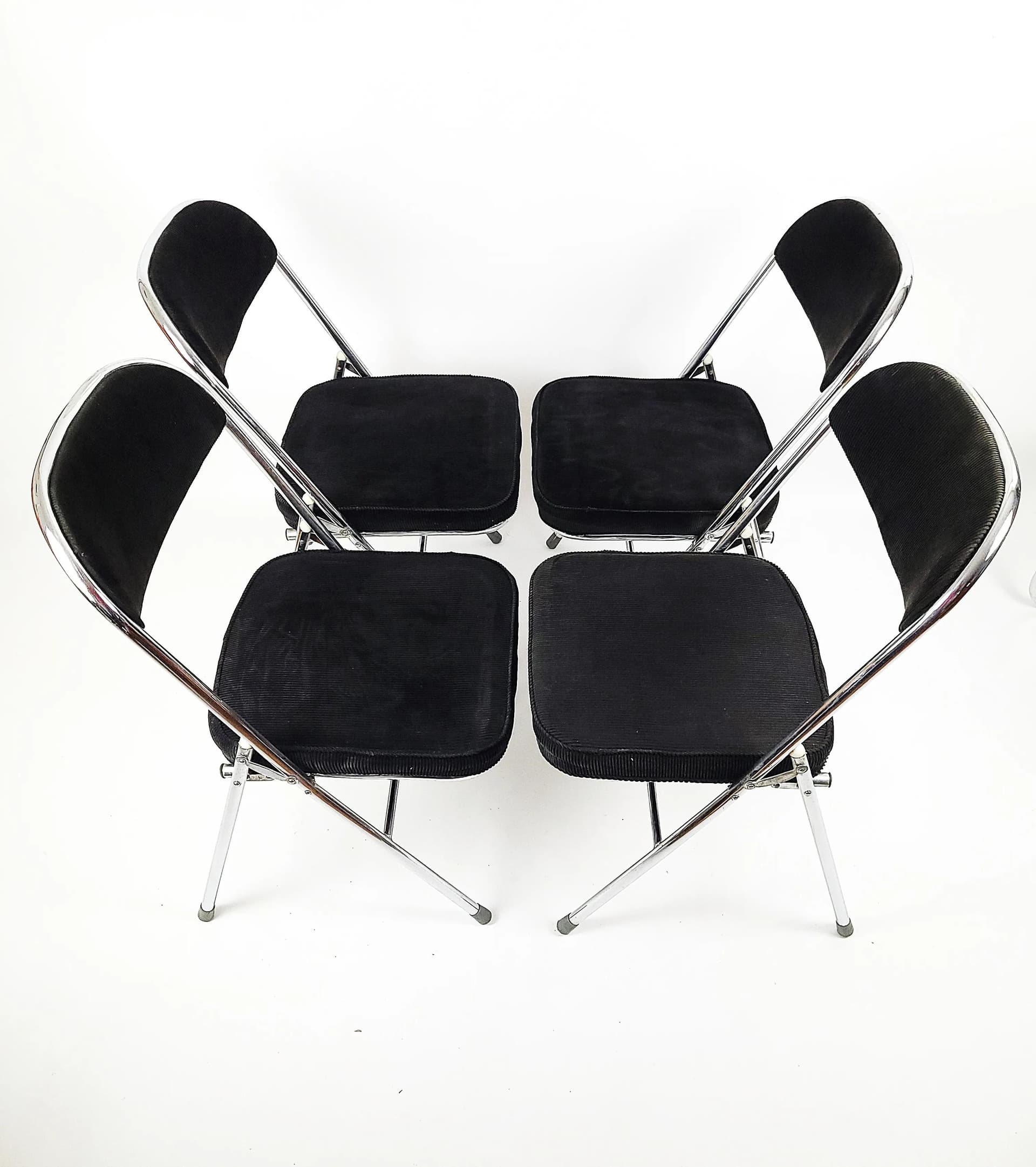 Komplet krzeseł składanych, sztruks czarny, stal chromowana, Polska, lata 70. - 86753