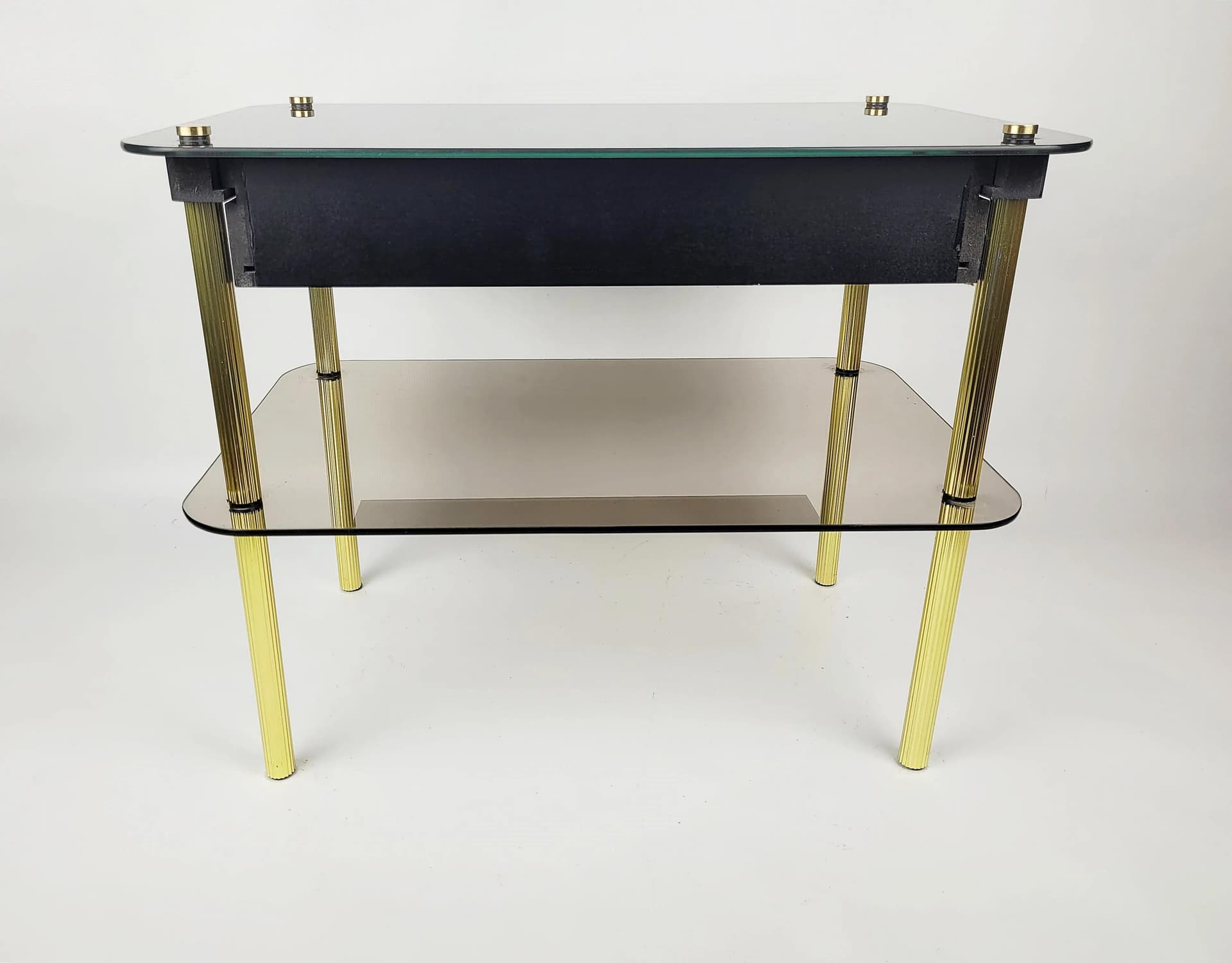 Nightstand, black glass, gold metal, black wood, Poland, 1980s. - 86704