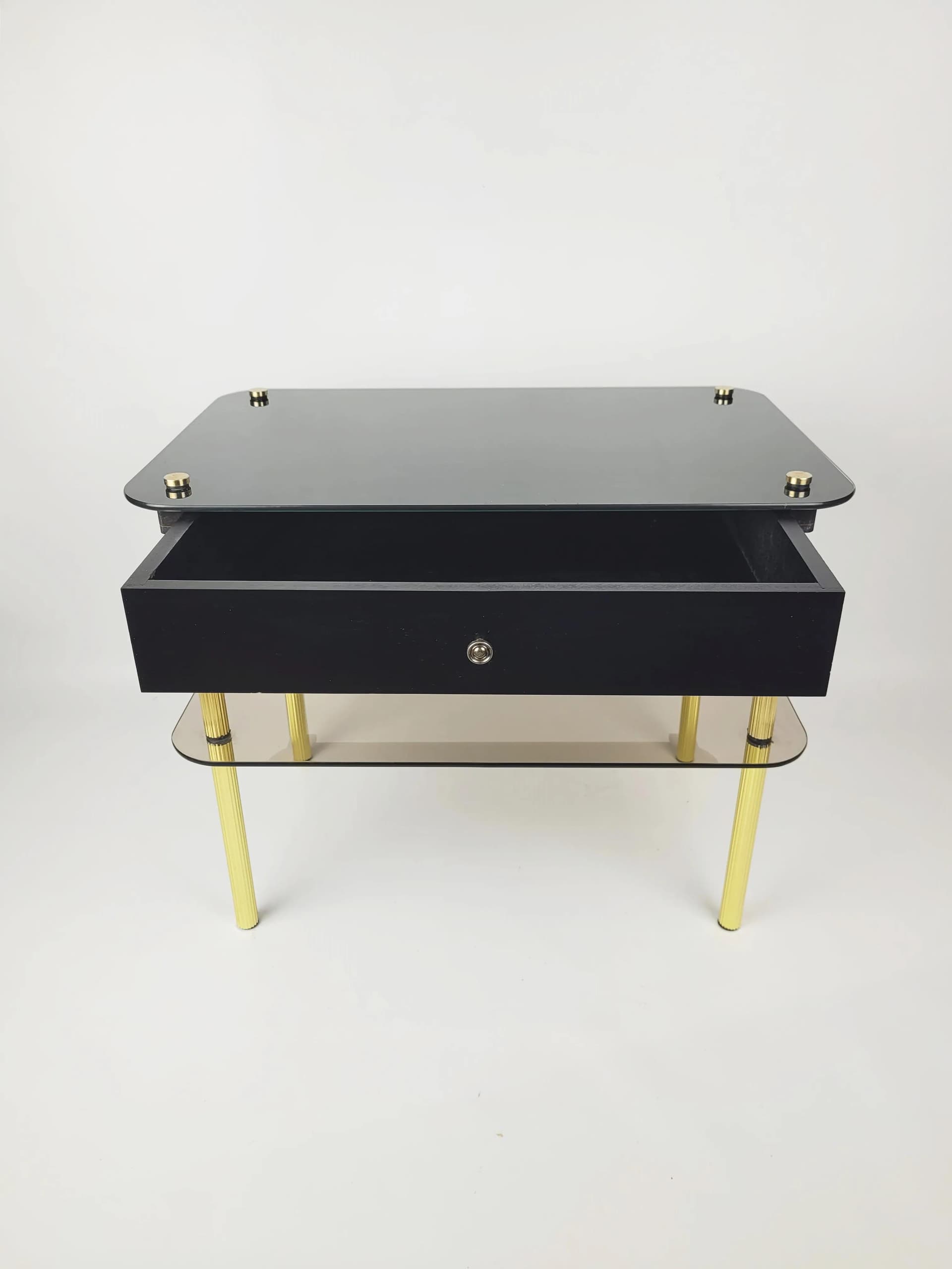 Nightstand, black glass, gold metal, black wood, Poland, 1980s. - 86705