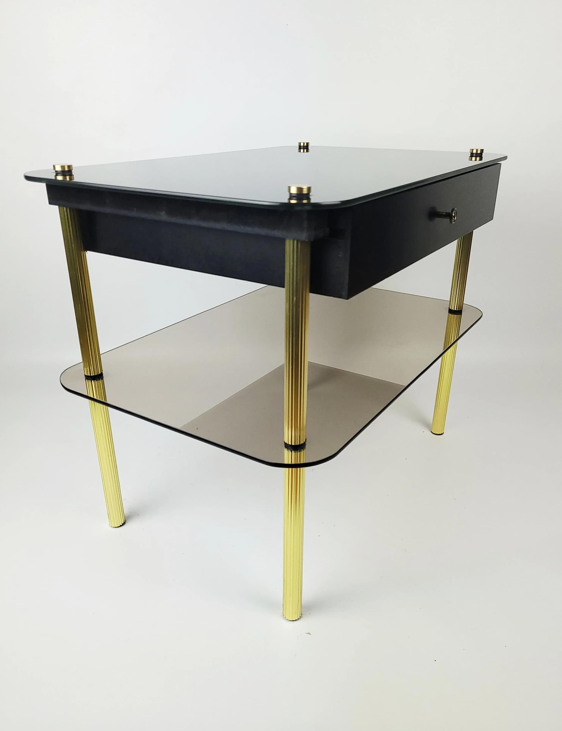 Nightstand, black glass, gold metal, black wood, Poland, 1980s. - 86707