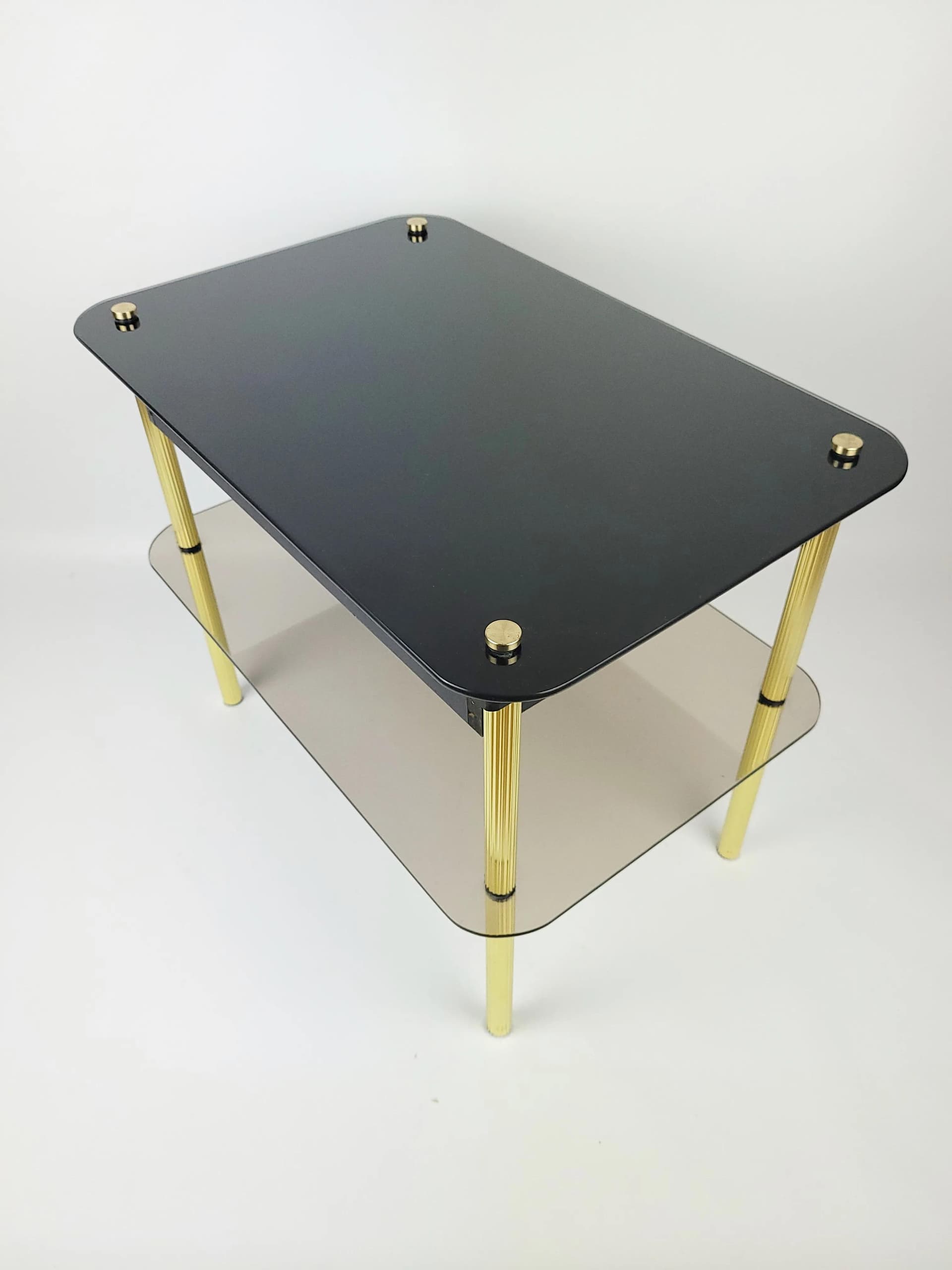 Nightstand, black glass, gold metal, black wood, Poland, 1980s. - 86708