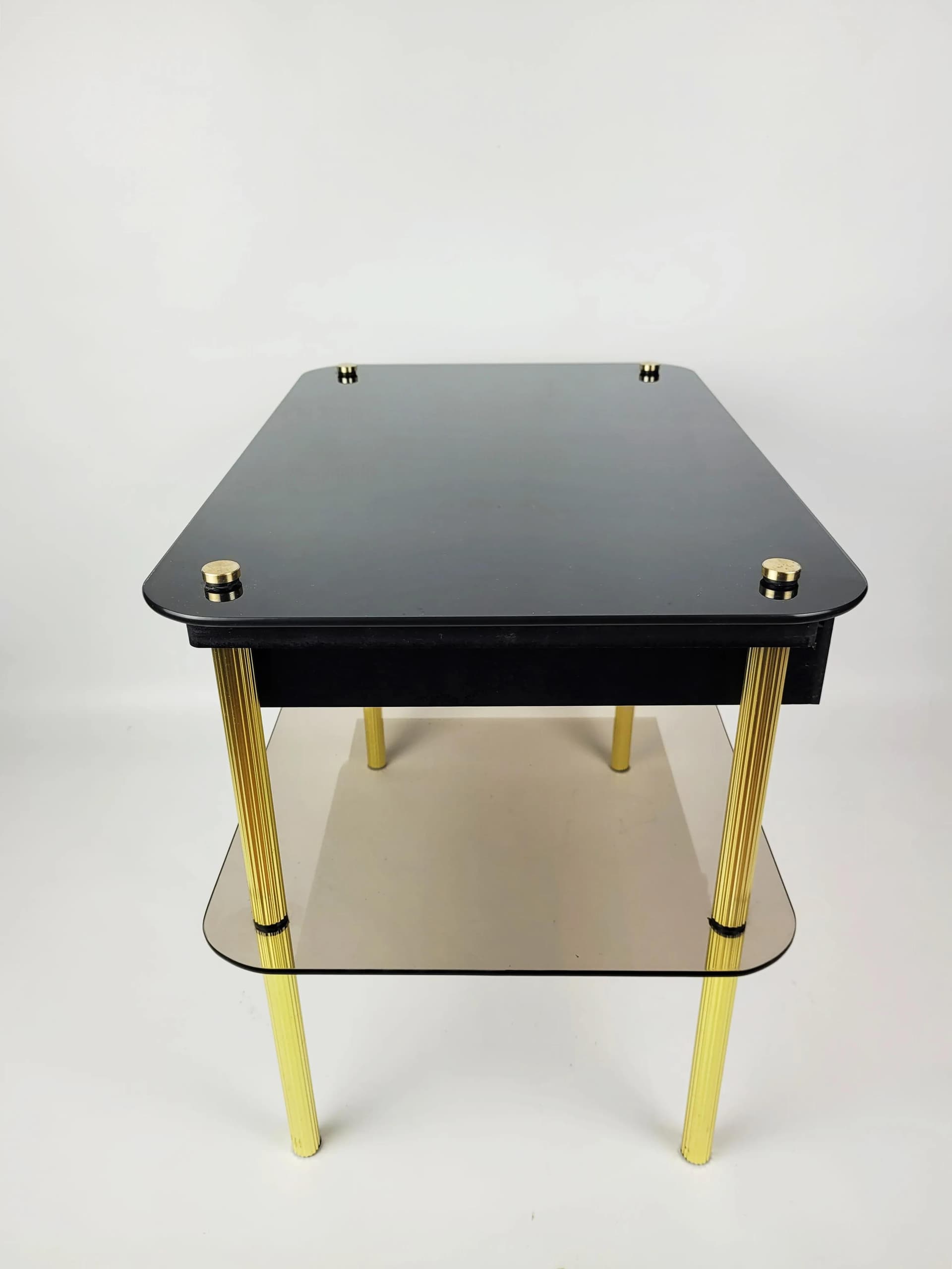 Nightstand, black glass, gold metal, black wood, Poland, 1980s. - 86702