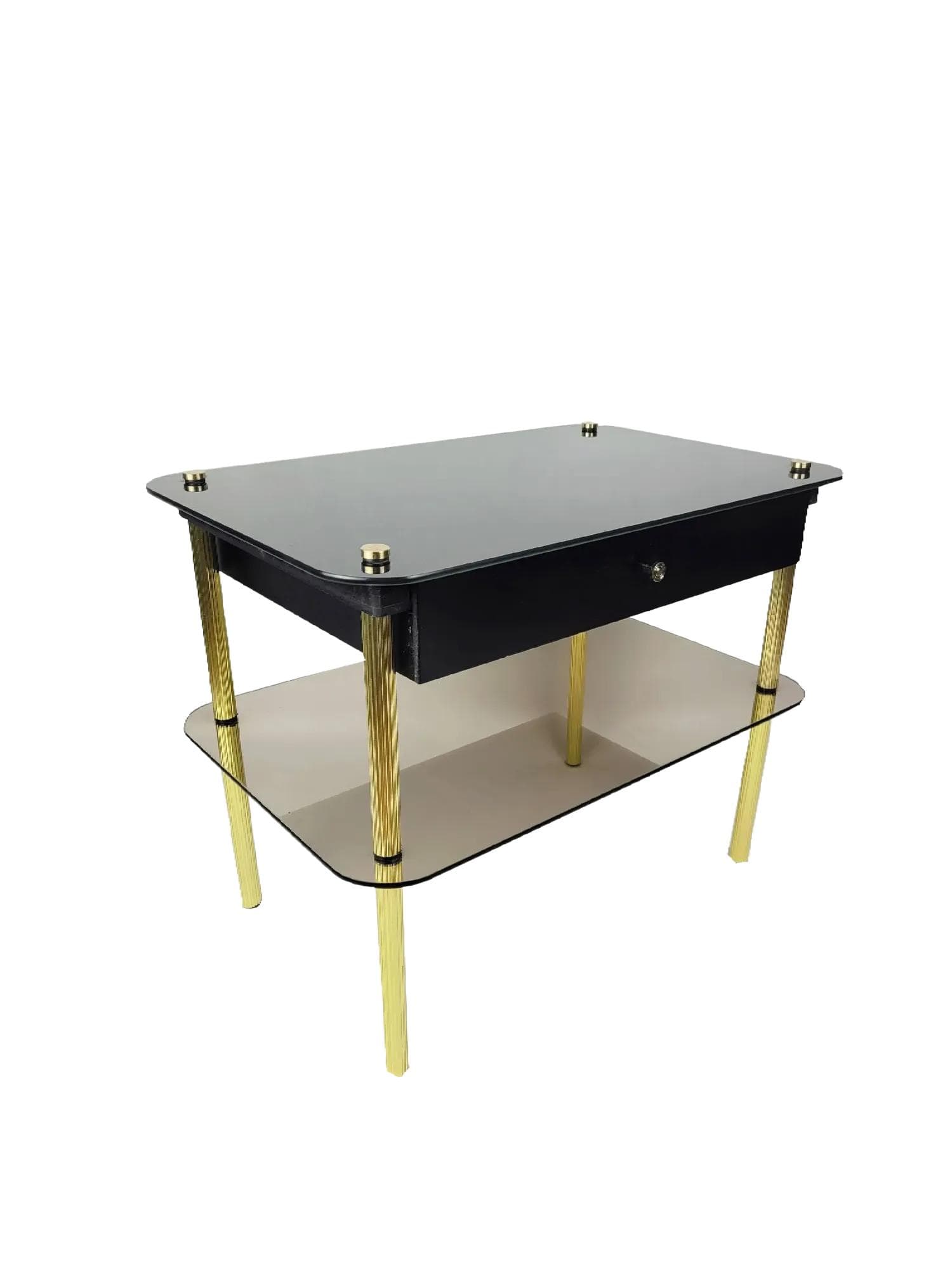 Nightstand, black glass, gold metal, black wood, Poland, 1980s.