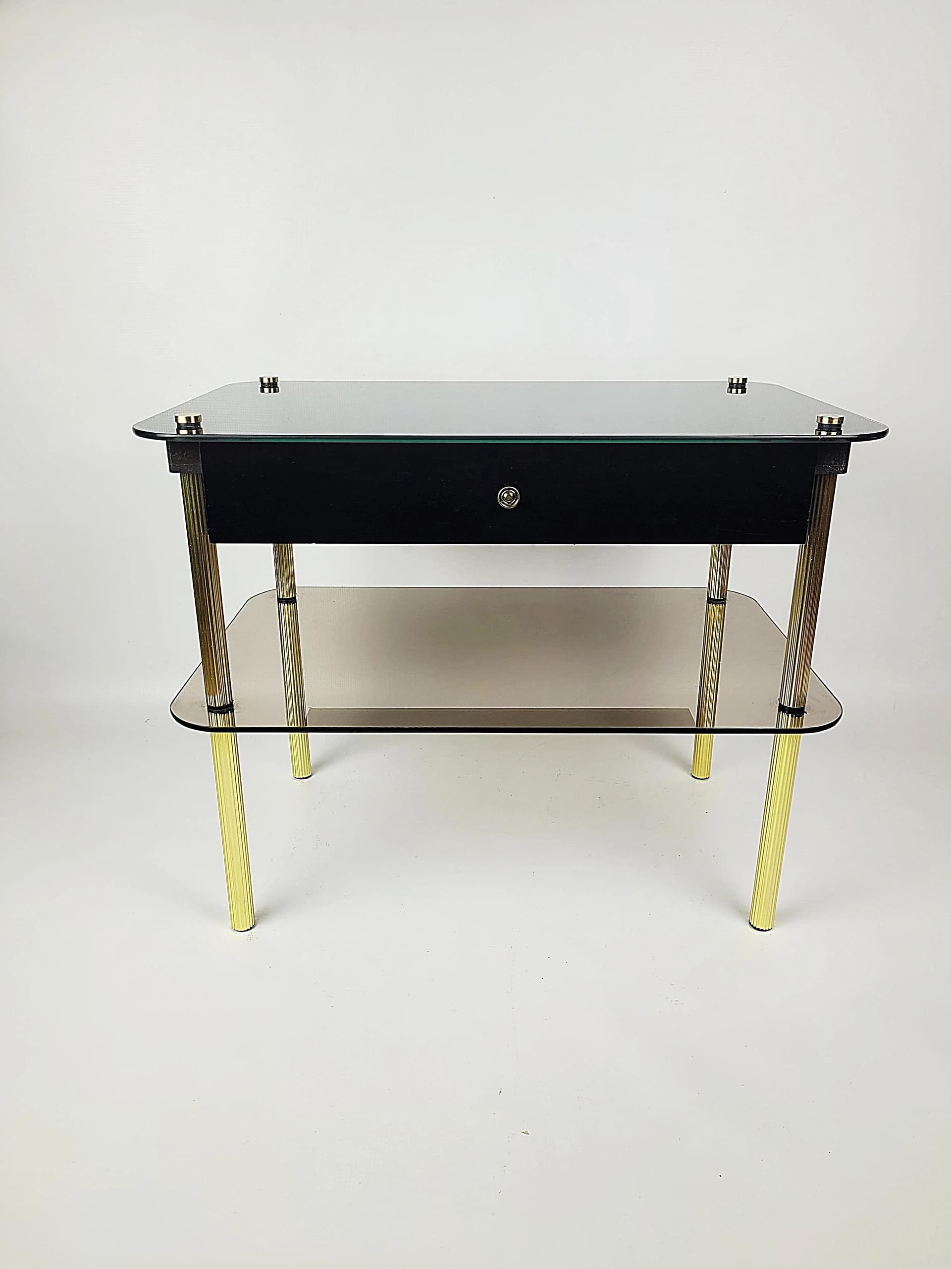 Nightstand, black glass, gold metal, black wood, Poland, 1980s. - 86703