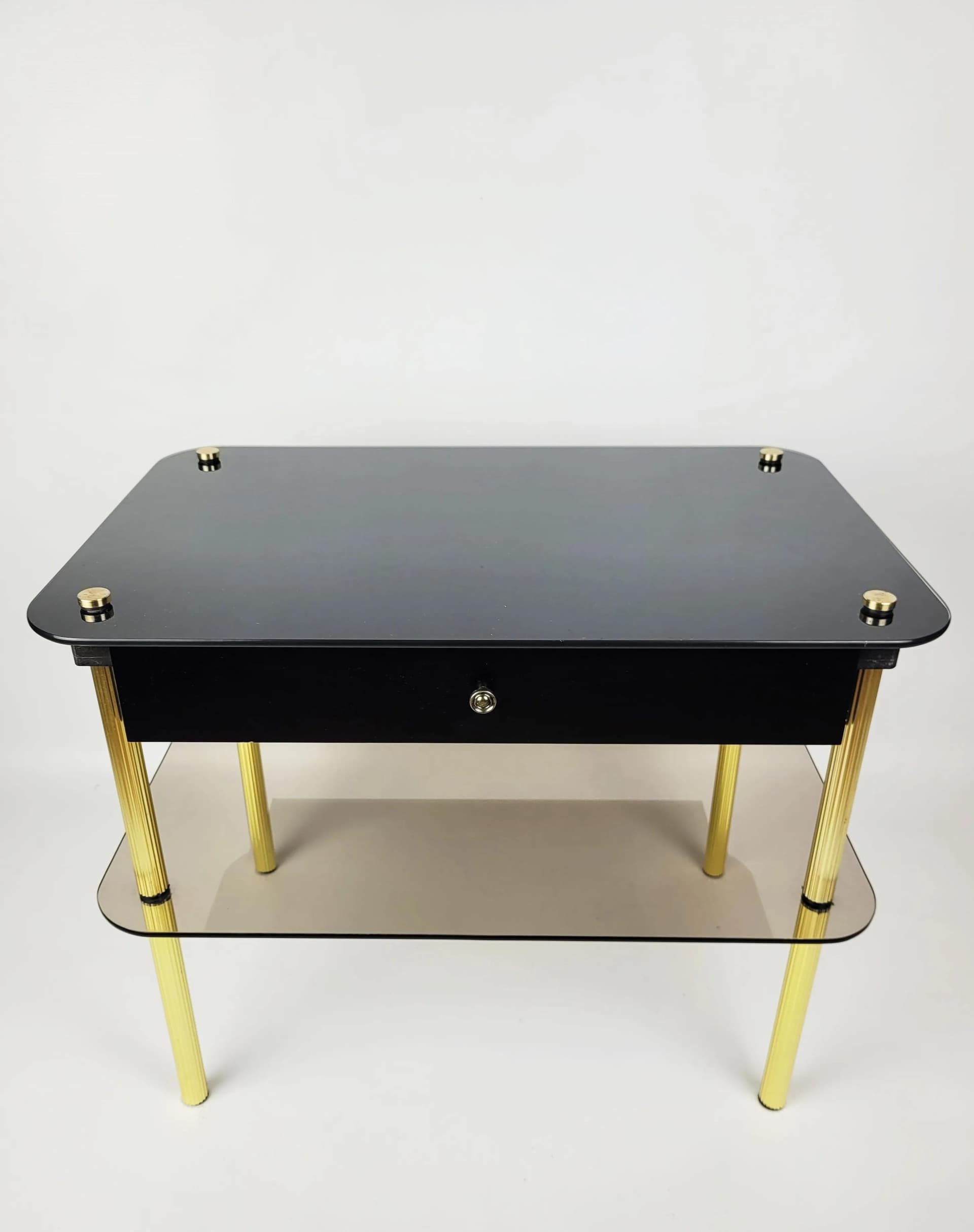 Nightstand, black glass, gold metal, black wood, Poland, 1980s. - 86706