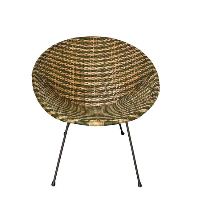 Fotel, oliwkowy beżowy, rattan winyl metal czarny, lata 50. - WYMIARY