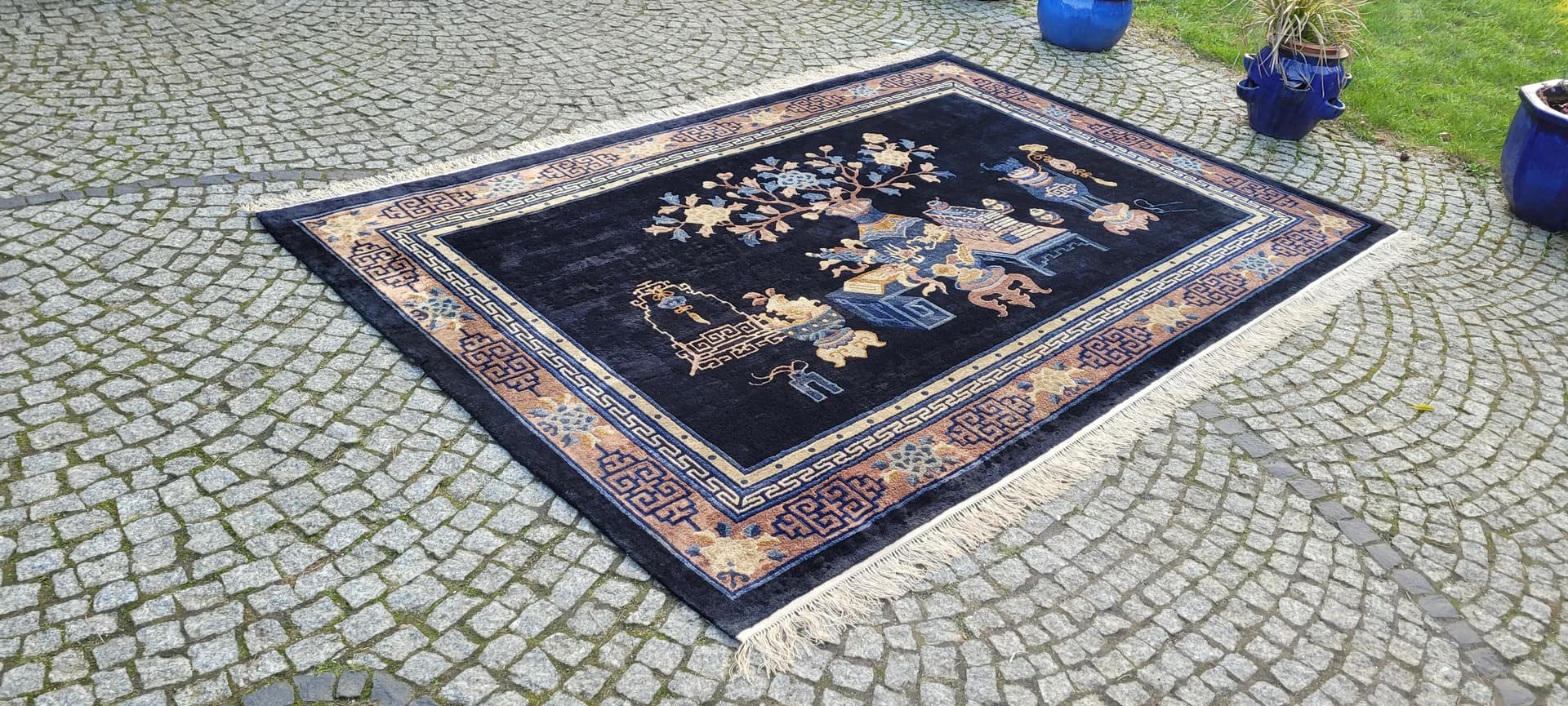 Dywan orientalny, granatowy, jedwab, Chiny, lata 80., 205x280 cm - 88905