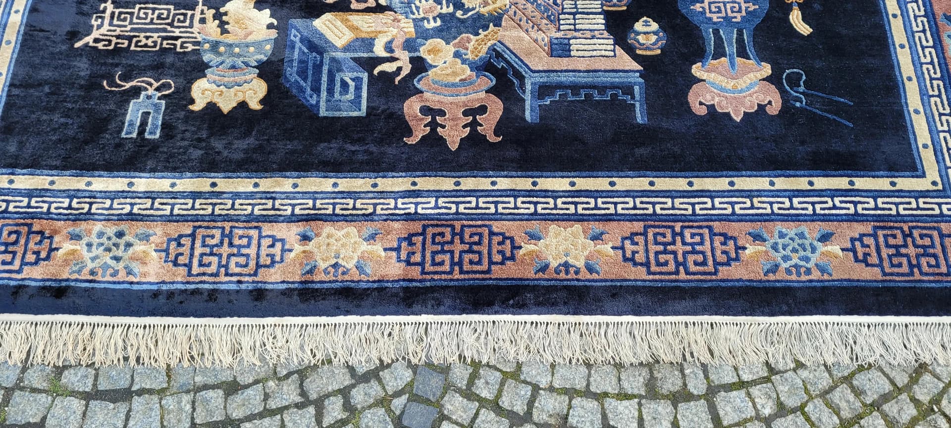 Dywan orientalny, granatowy, jedwab, Chiny, lata 80., 205x280 cm - 88908