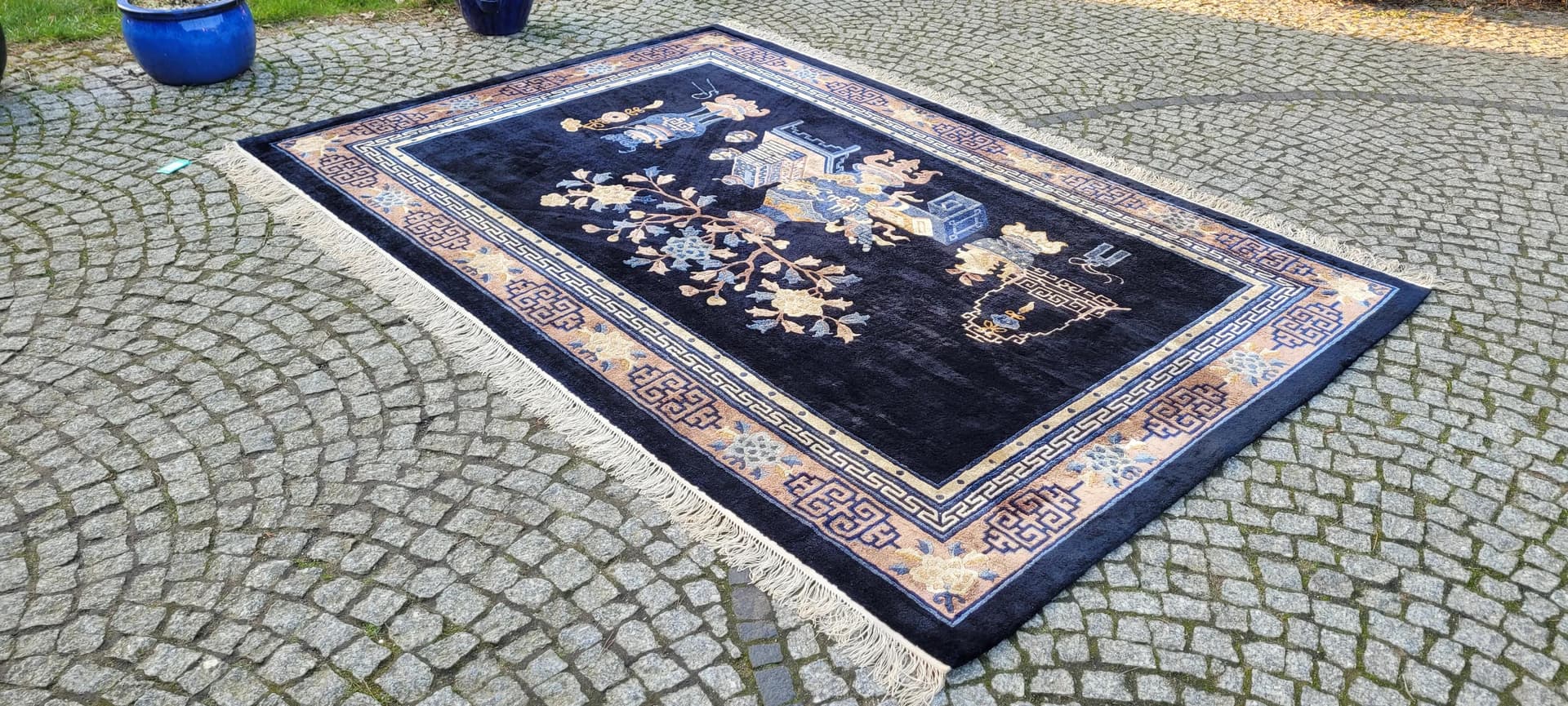 Dywan orientalny, granatowy, jedwab, Chiny, lata 80., 205x280 cm - 88903