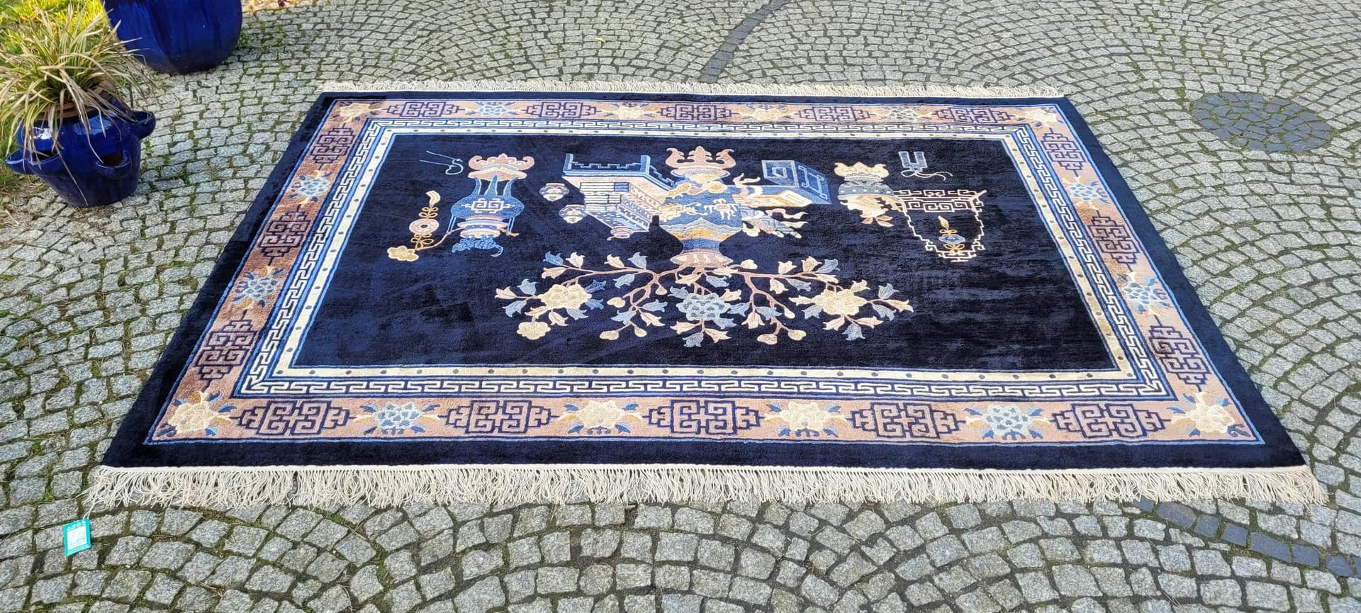 Dywan orientalny, granatowy, jedwab, Chiny, lata 80., 205x280 cm - 88902