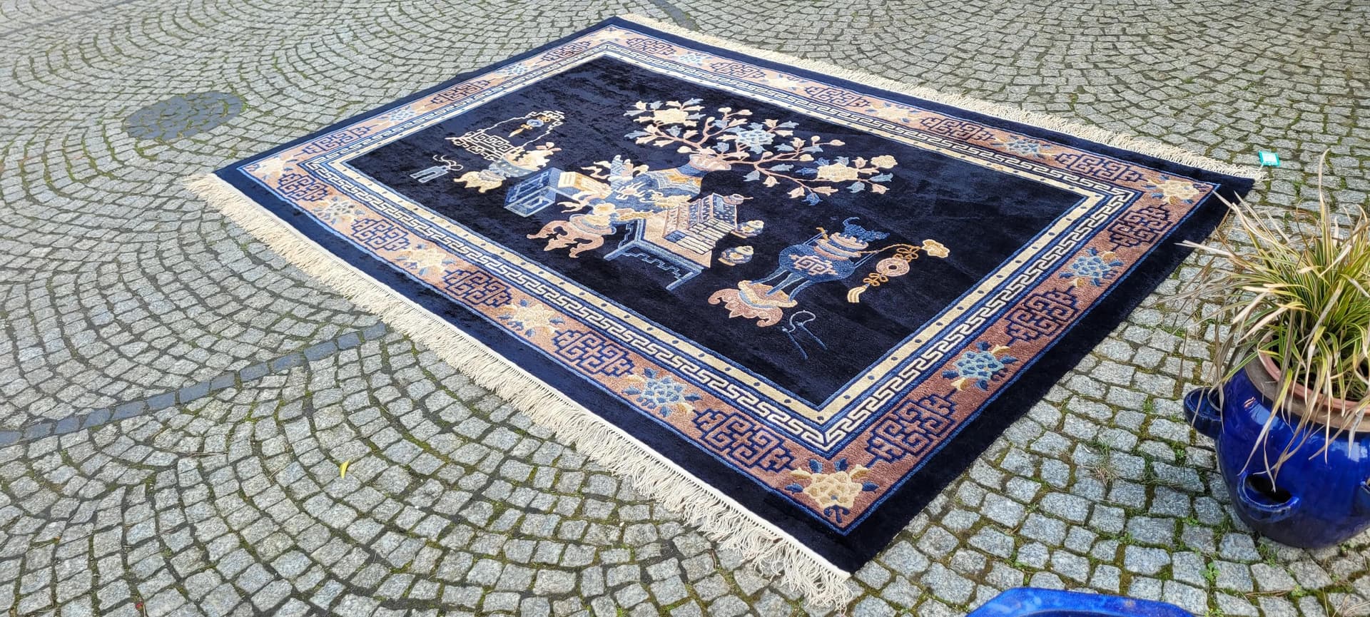 Dywan orientalny, granatowy, jedwab, Chiny, lata 80., 205x280 cm - 88906