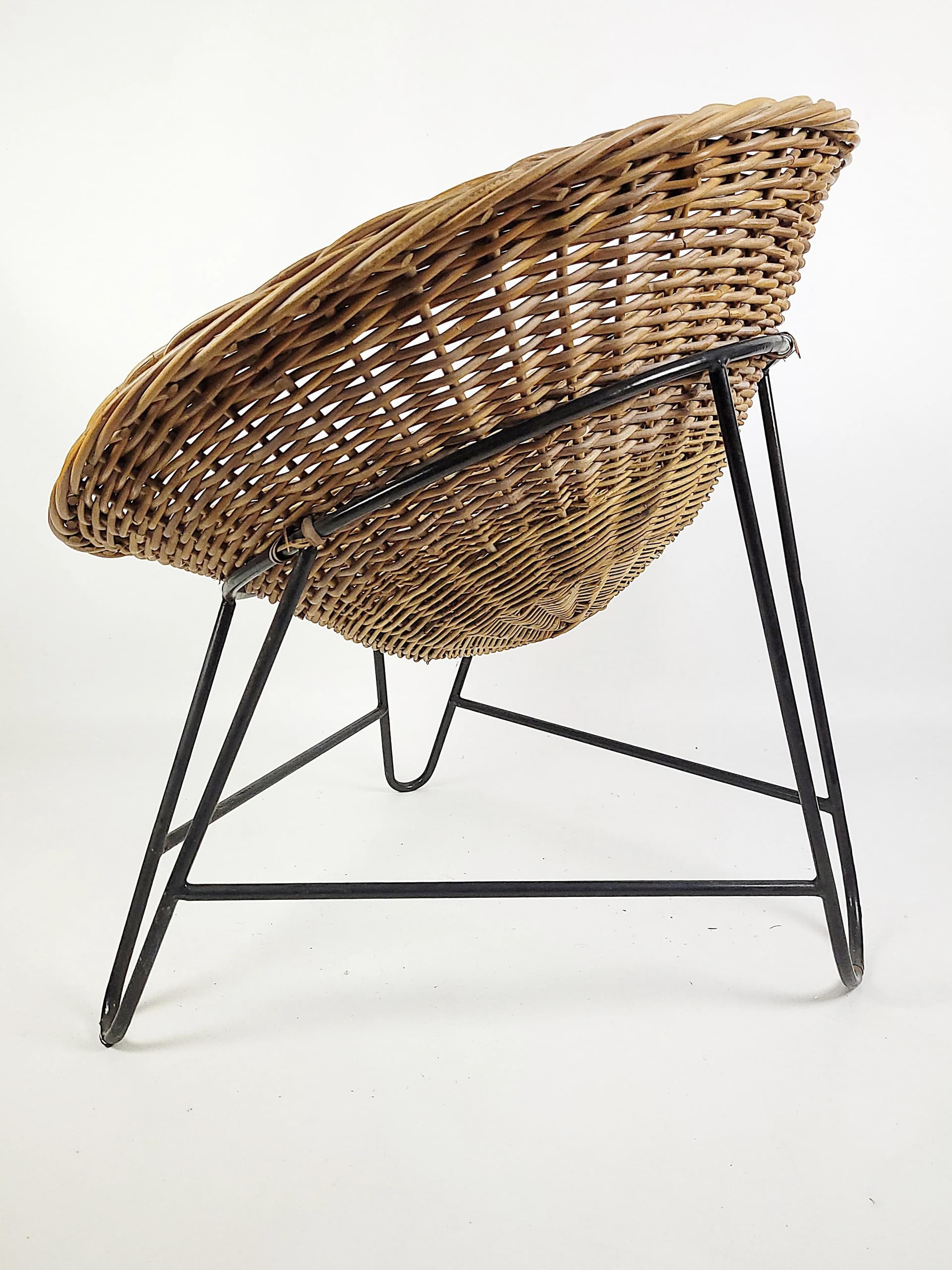 Armchair, brown wicker, black metal, Poland, 1970s. - 86532