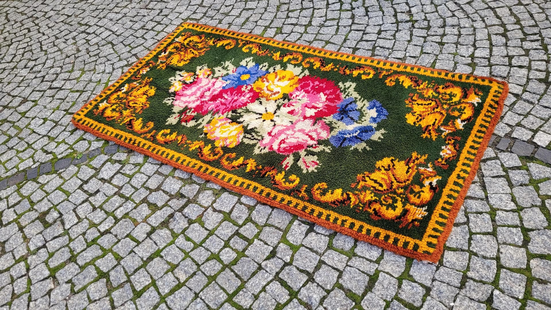 Dywan kilim, butelkowa zieleń, wełna, Polska, lata 60., 92x175 cm - 88767