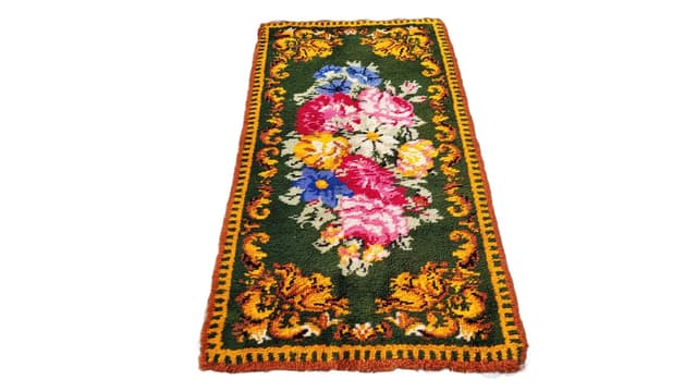 Dywan kilim, butelkowa zieleń, wełna, Polska, lata 60., 92x175 cm - WYMIARY