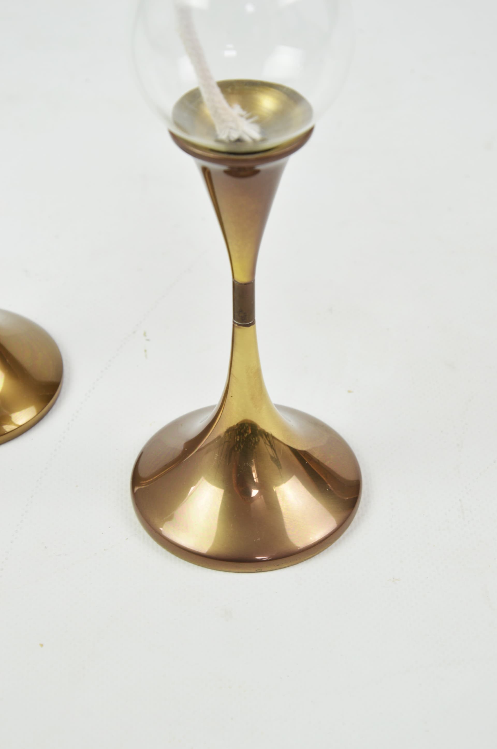 Set of Two Oil Lamps, gold, brown, metal, glass, by F. Andersen, Germany, 1970s. - 86016