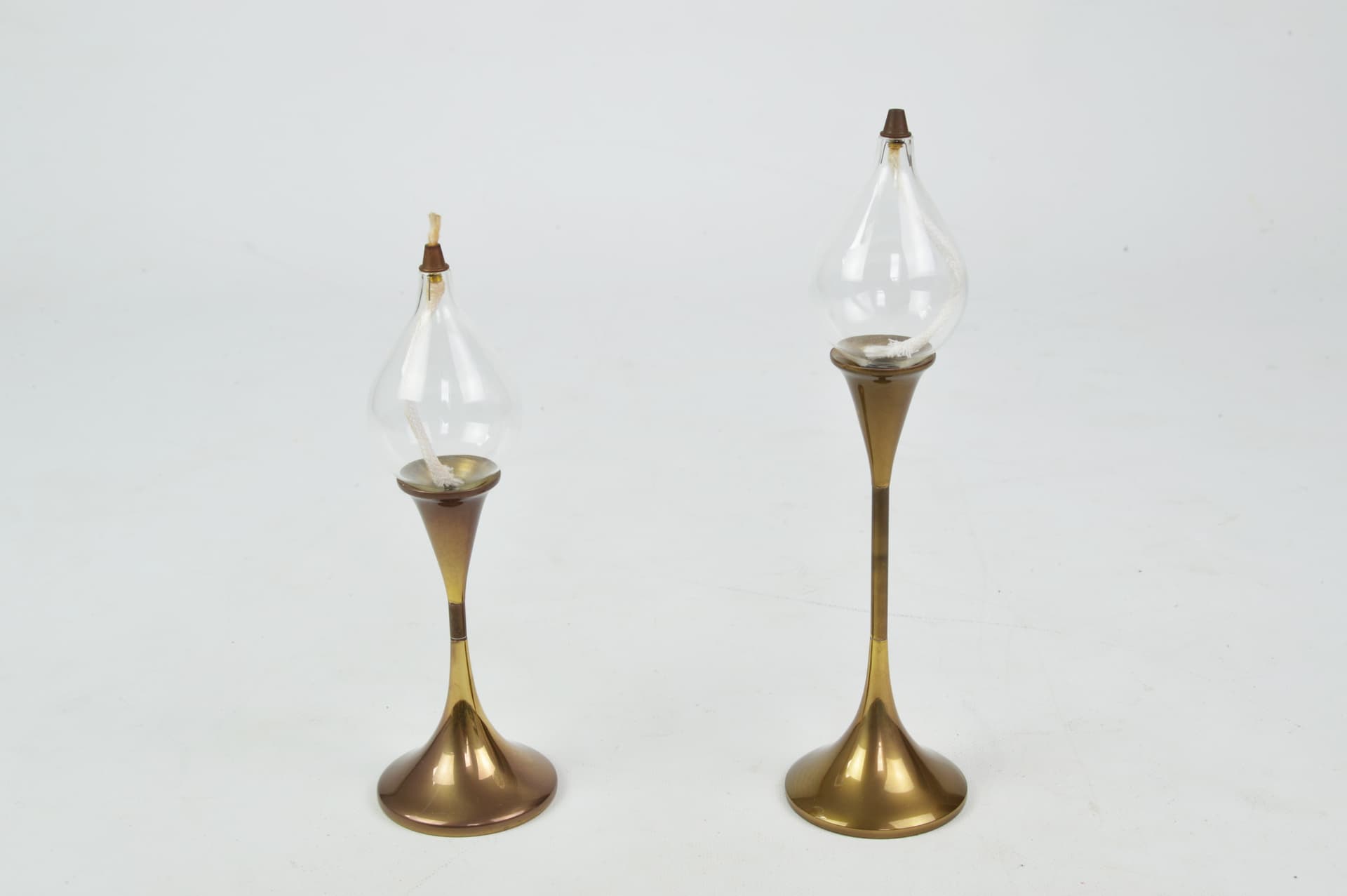Set of Two Oil Lamps, gold, brown, metal, glass, by F. Andersen, Germany, 1970s. - 86017