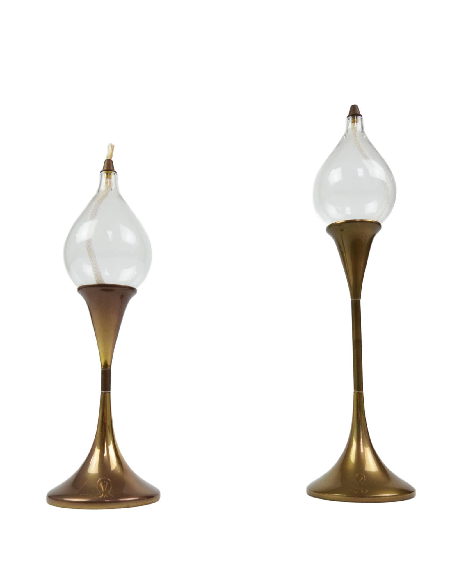 Set of Two Oil Lamps, gold, brown, metal, glass, by F. Andersen, Germany, 1970s.