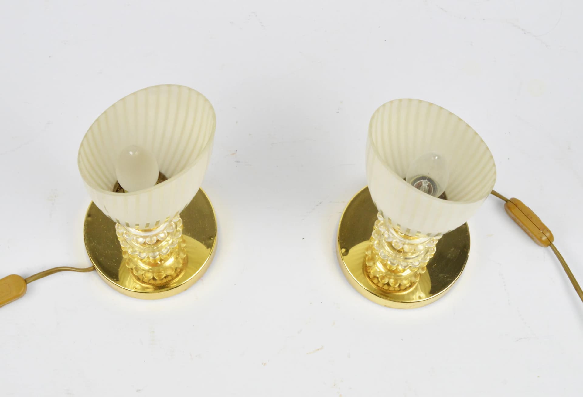 Para lampek stołowych, złoty, metal szkło, Polska, lata 80. - 85996