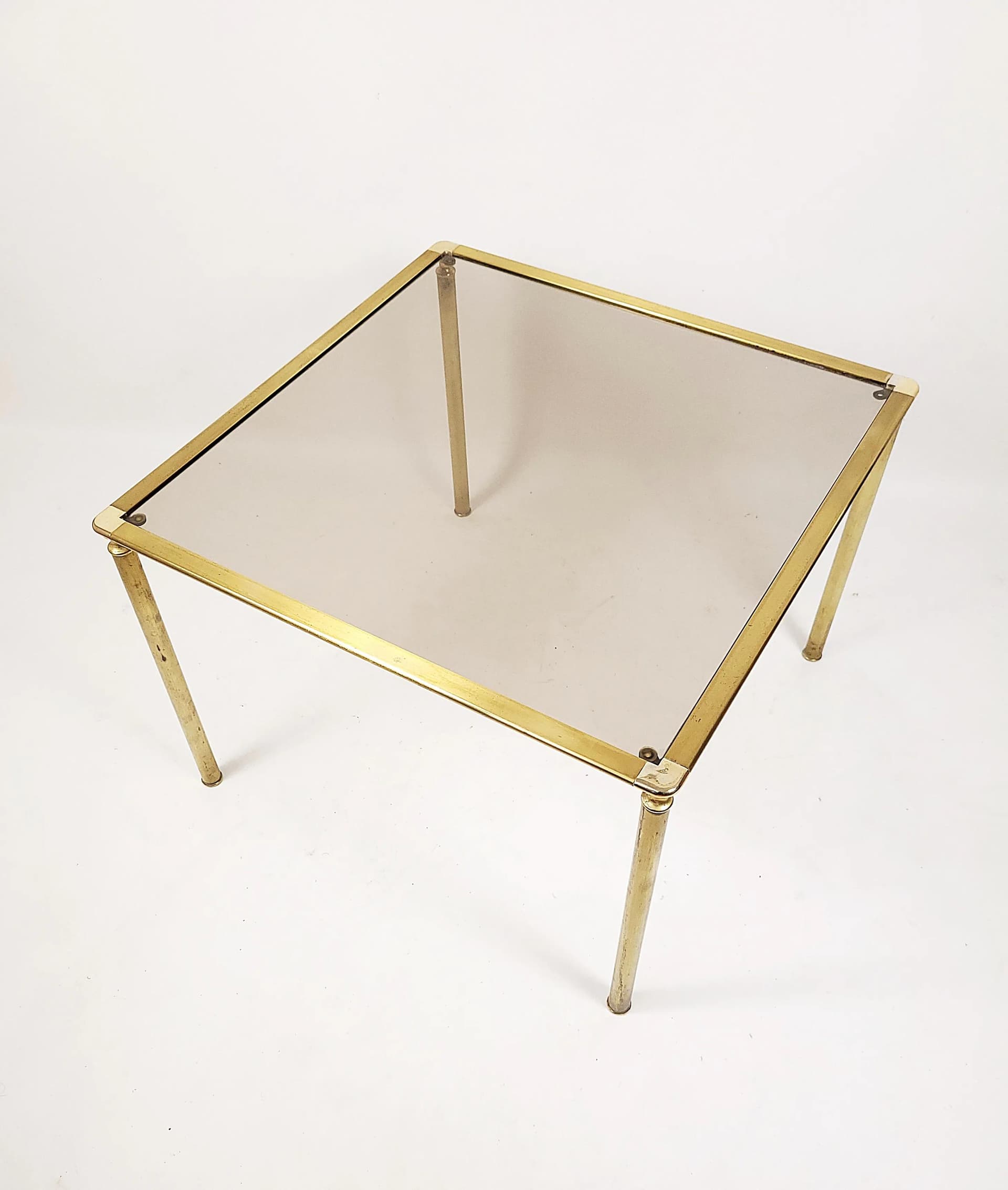 Stolik kawowy, mosiądz złoty, szkło przezroczyste, Polska, lata 70. - 85971