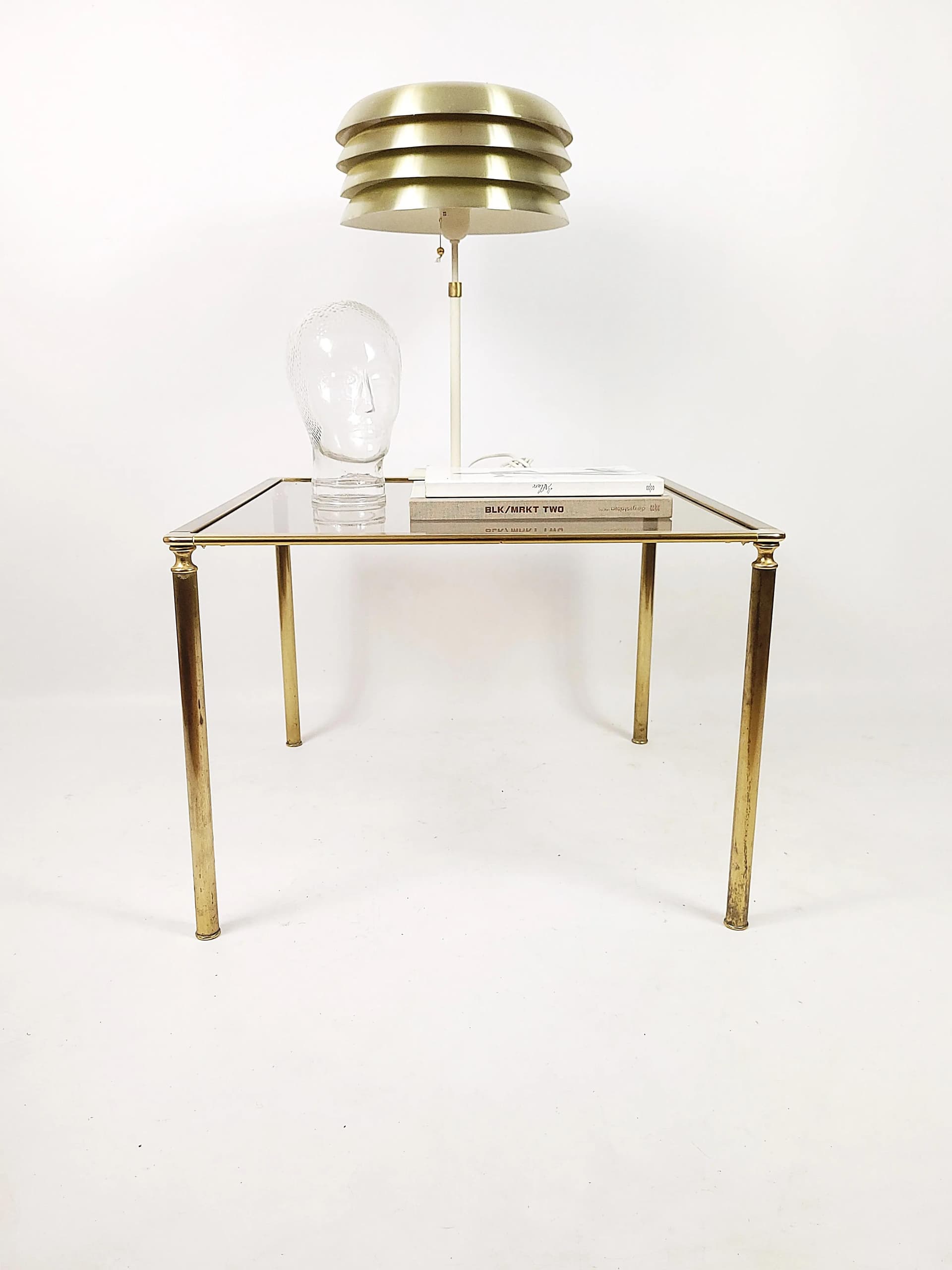 Stolik kawowy, mosiądz złoty, szkło przezroczyste, Polska, lata 70. - 85967