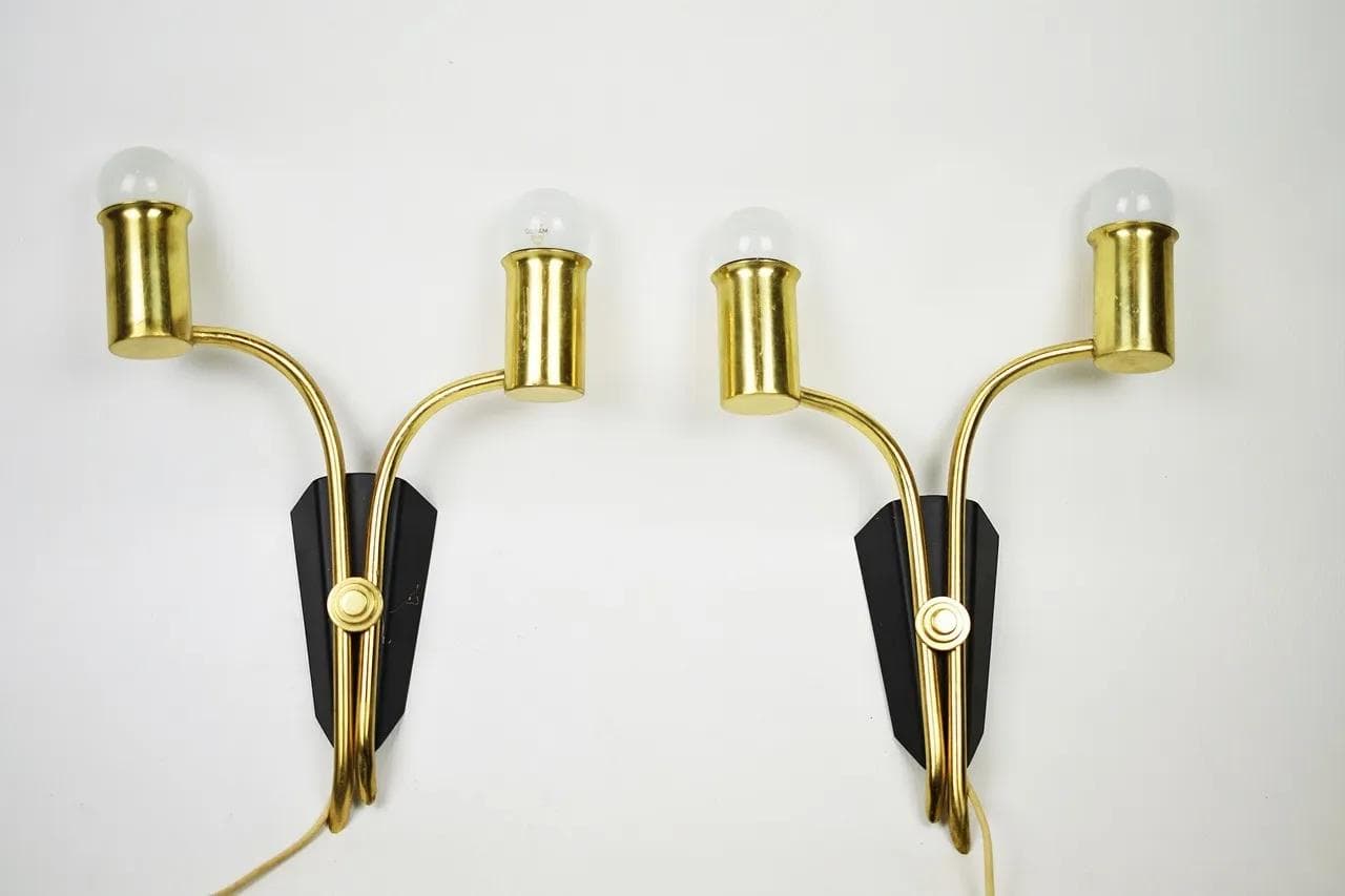 Pair of wall sconces, golden brass, black metal, Sweden, 1960s. - 85965