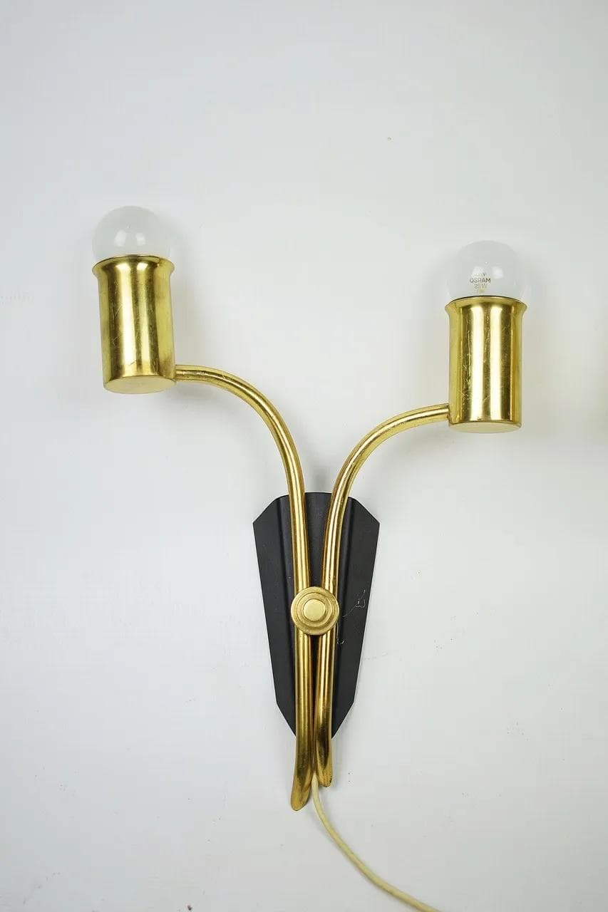 Pair of wall sconces, golden brass, black metal, Sweden, 1960s. - 85962